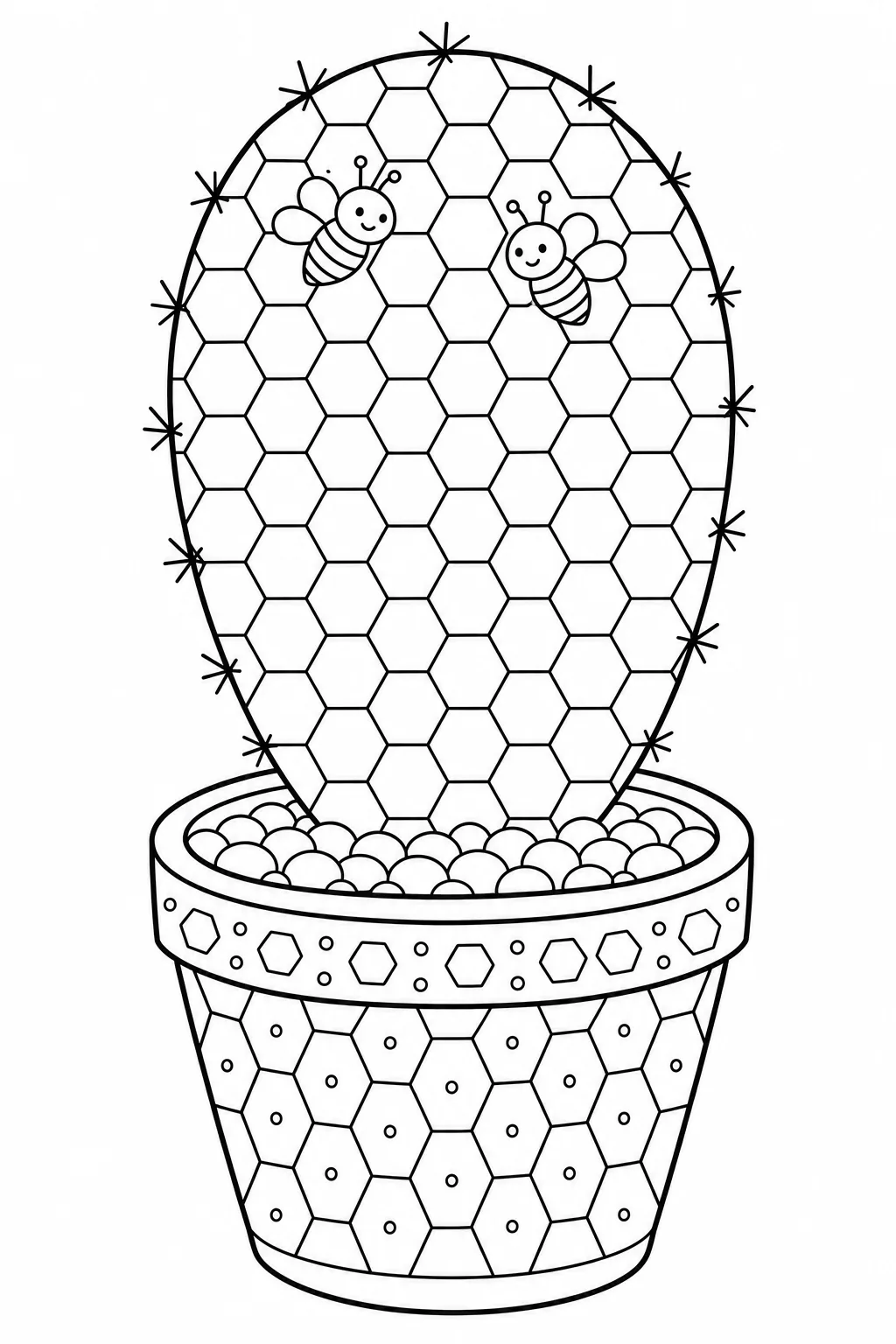 Geometric honeycomb pattern inside a cactus with two bees.