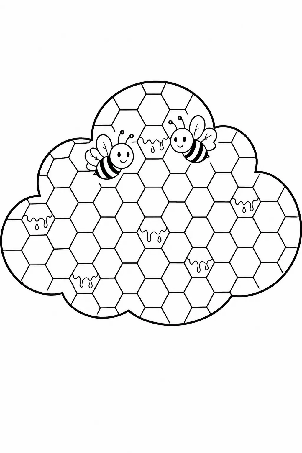 Cloud shaped outline filled with a honeycomb pattern and two happy bees.