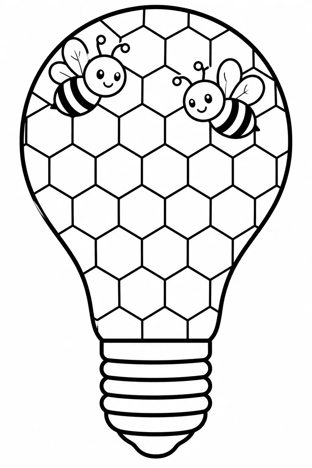 Hexagonal honeycomb grid pattern inside a light bulb bulb with two adorable flying bumblebees.