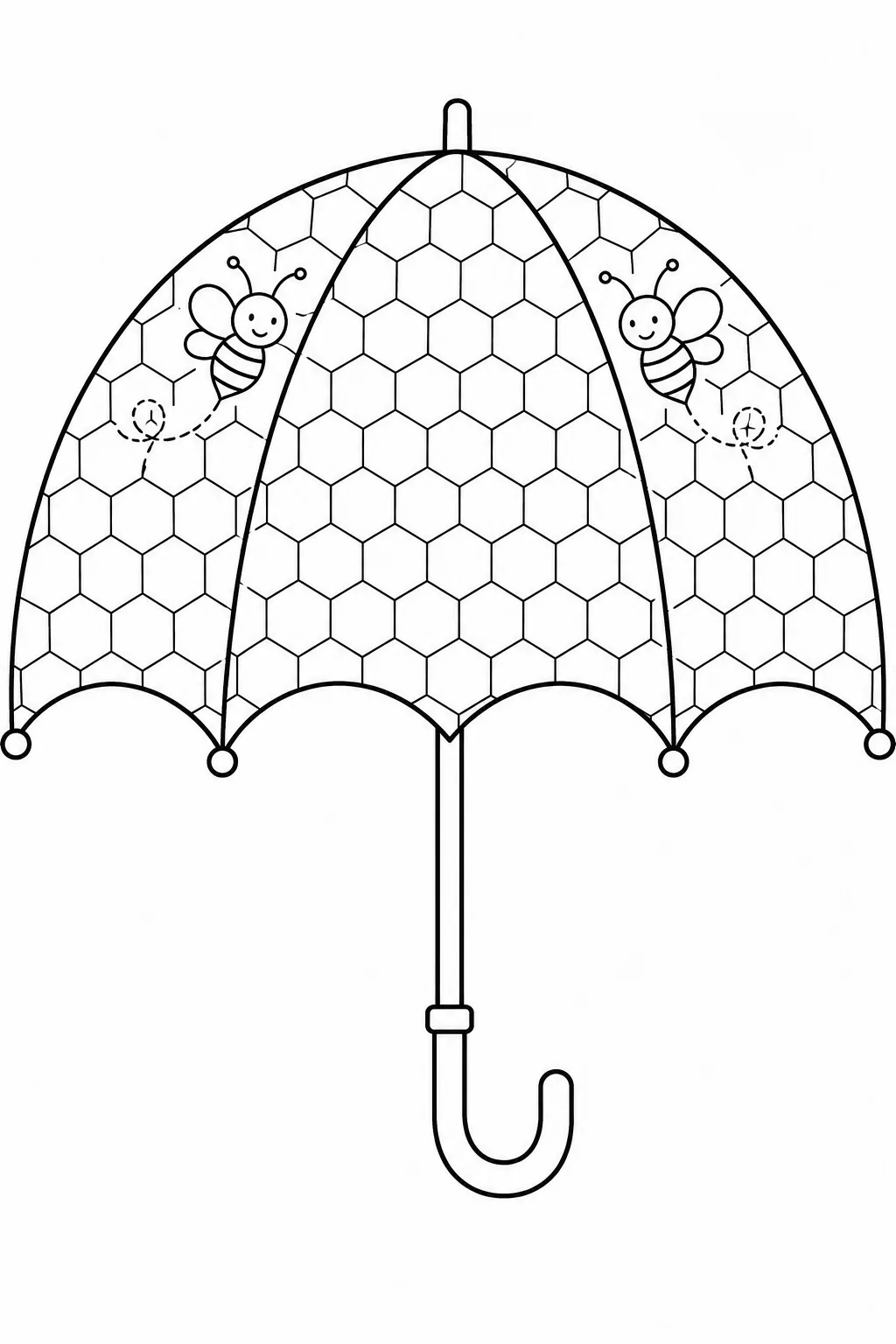 Geometric honeycomb pattern inside a canopy with two smiling bees.