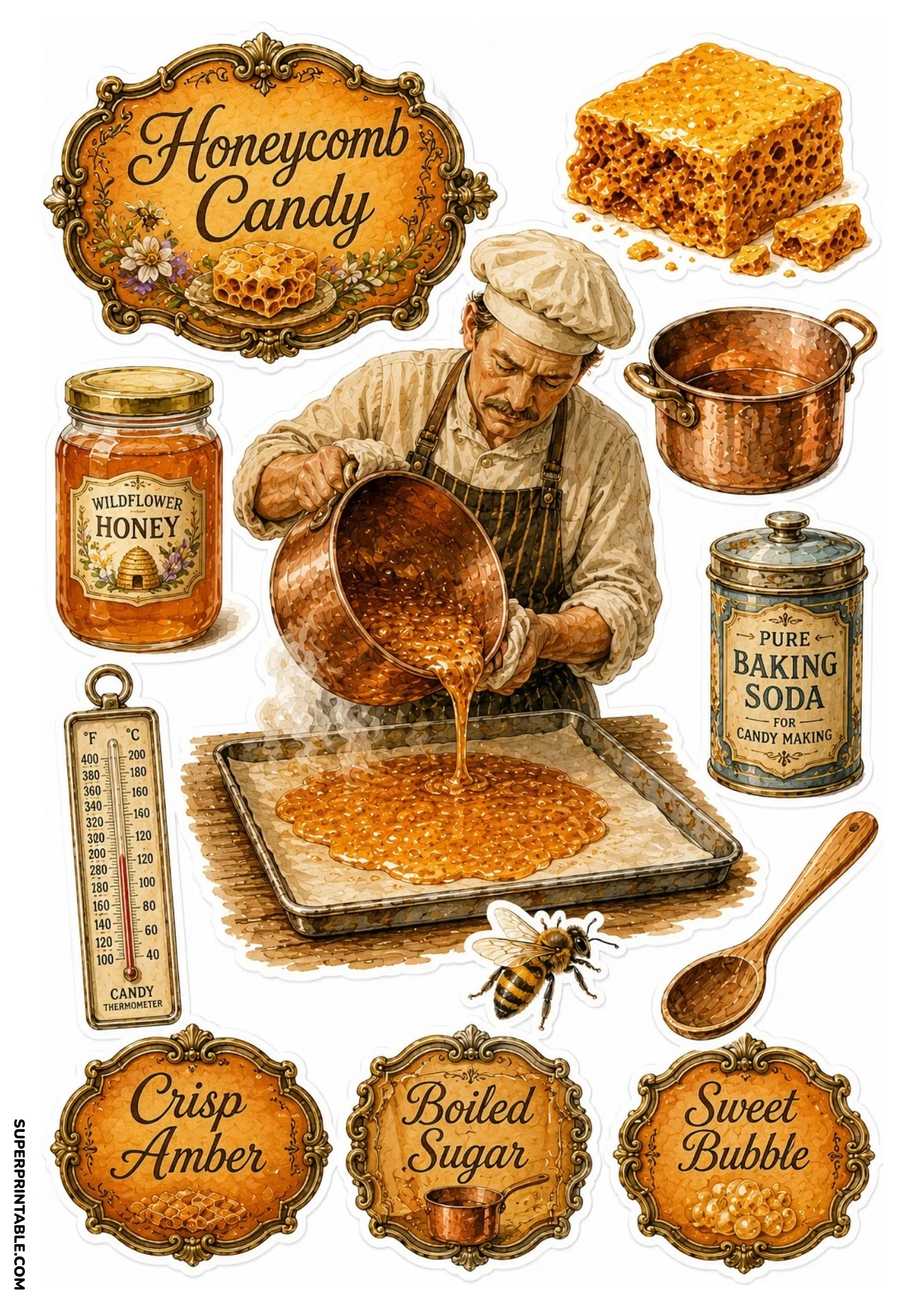 Honeycomb candy sticker sheet with a confectioner pouring hot syrup, honeycomb slab, honey jar, and baking soda tin.