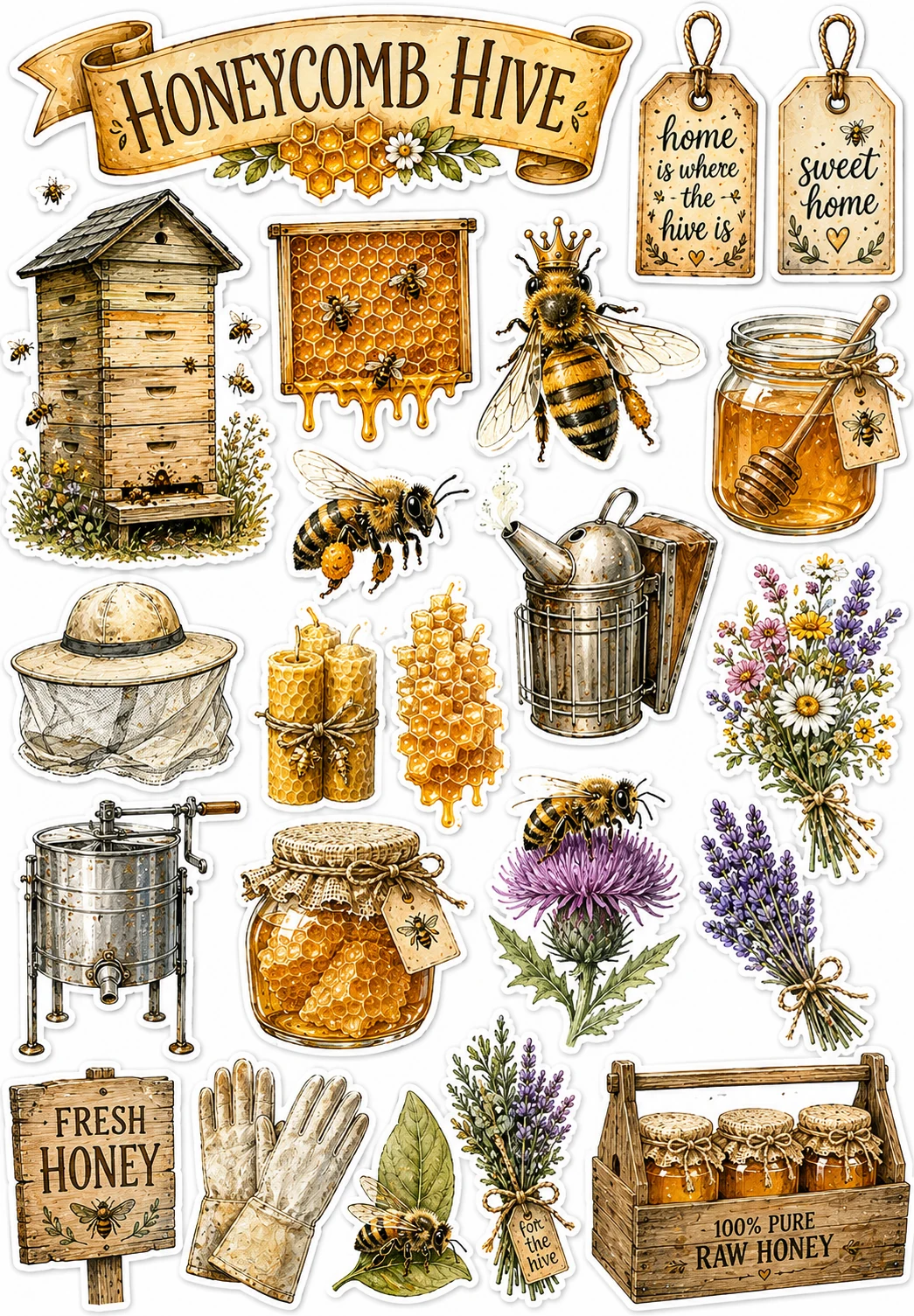 Honeycomb Hive Beekeeping Equipment Smoker Sheet featuring honeybees, beekeeping, honey jars, wildflowers, and honeycombs.