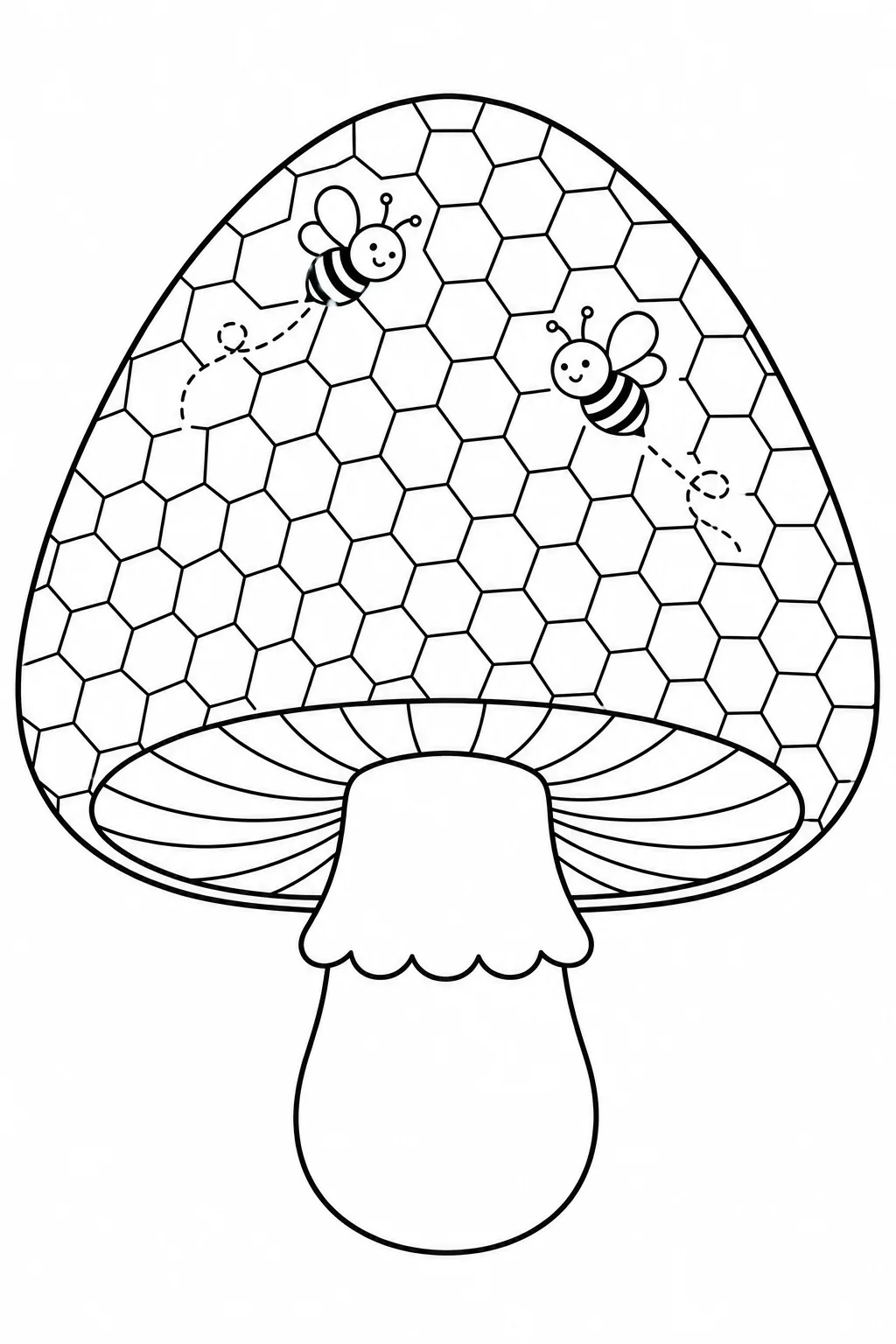Mushroom cap with honeycomb pattern and small bees for a nature coloring activity