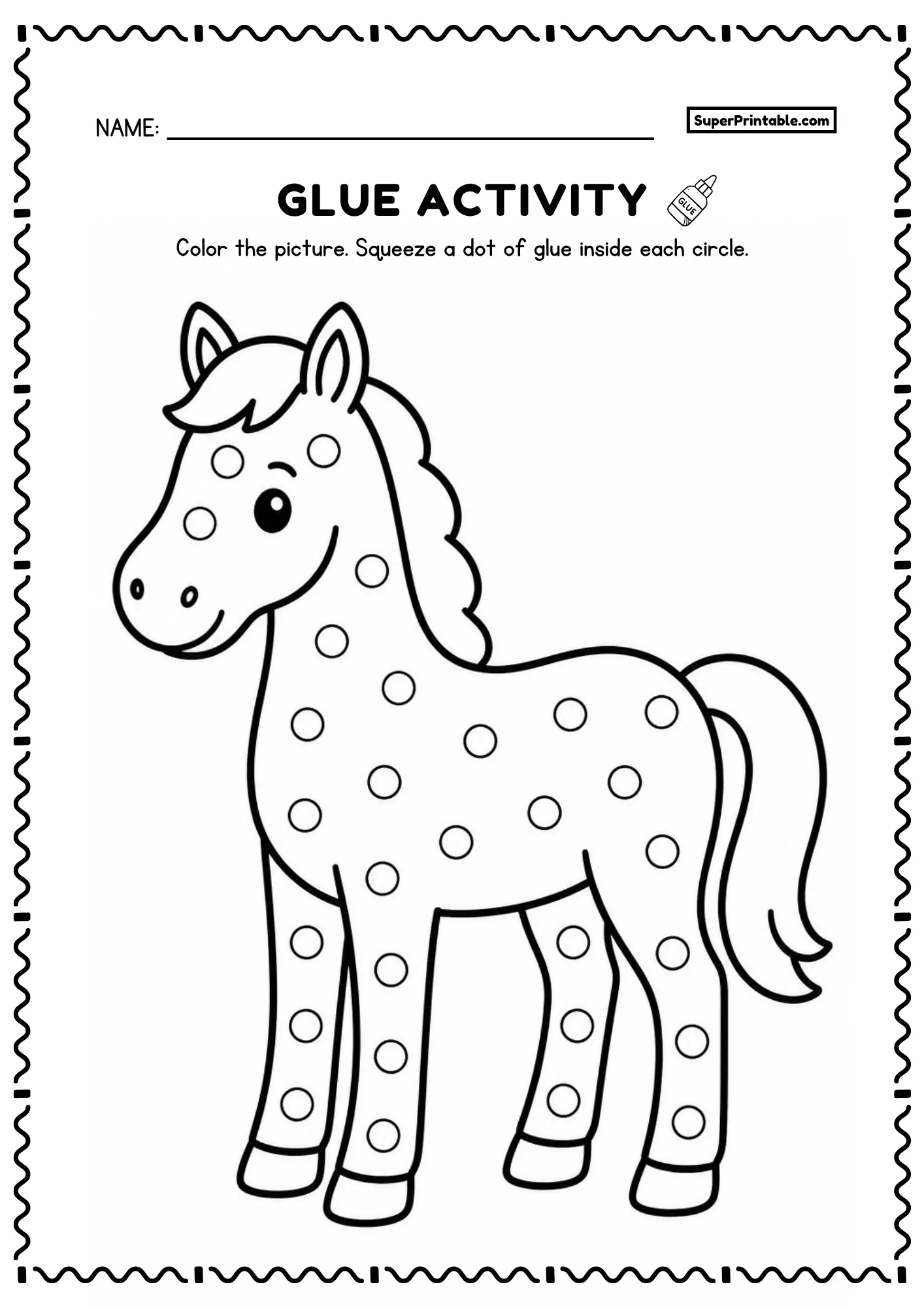 Printable horse dot glue farm worksheet with flowing mane and dot circles for preschoolers