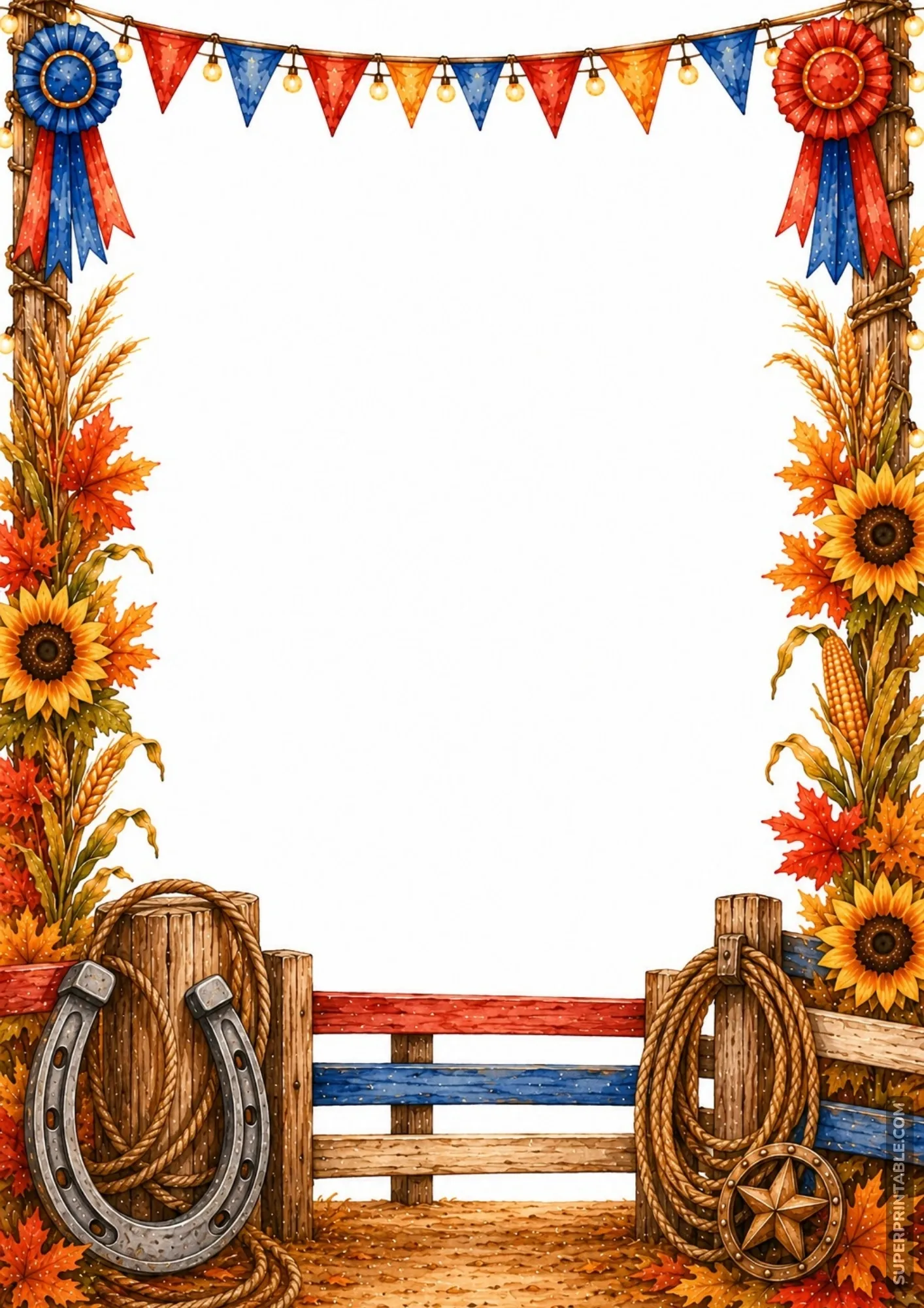 Western fair border design featuring a large iron horseshoe, coiled lasso rope, and rustic wooden fence post.