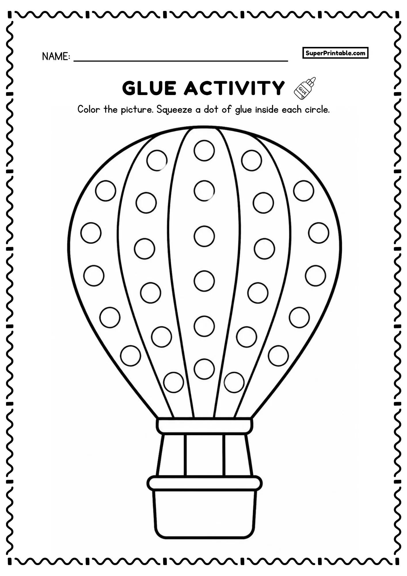 Hot air balloon dot glue transportation worksheets page with circles and basket