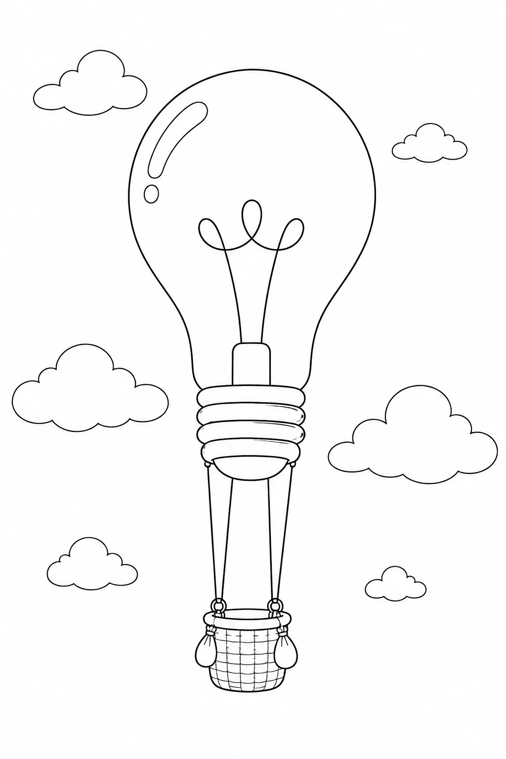 Hot air balloon shaped like a light bulb floating through fluffy clouds with a hanging basket.