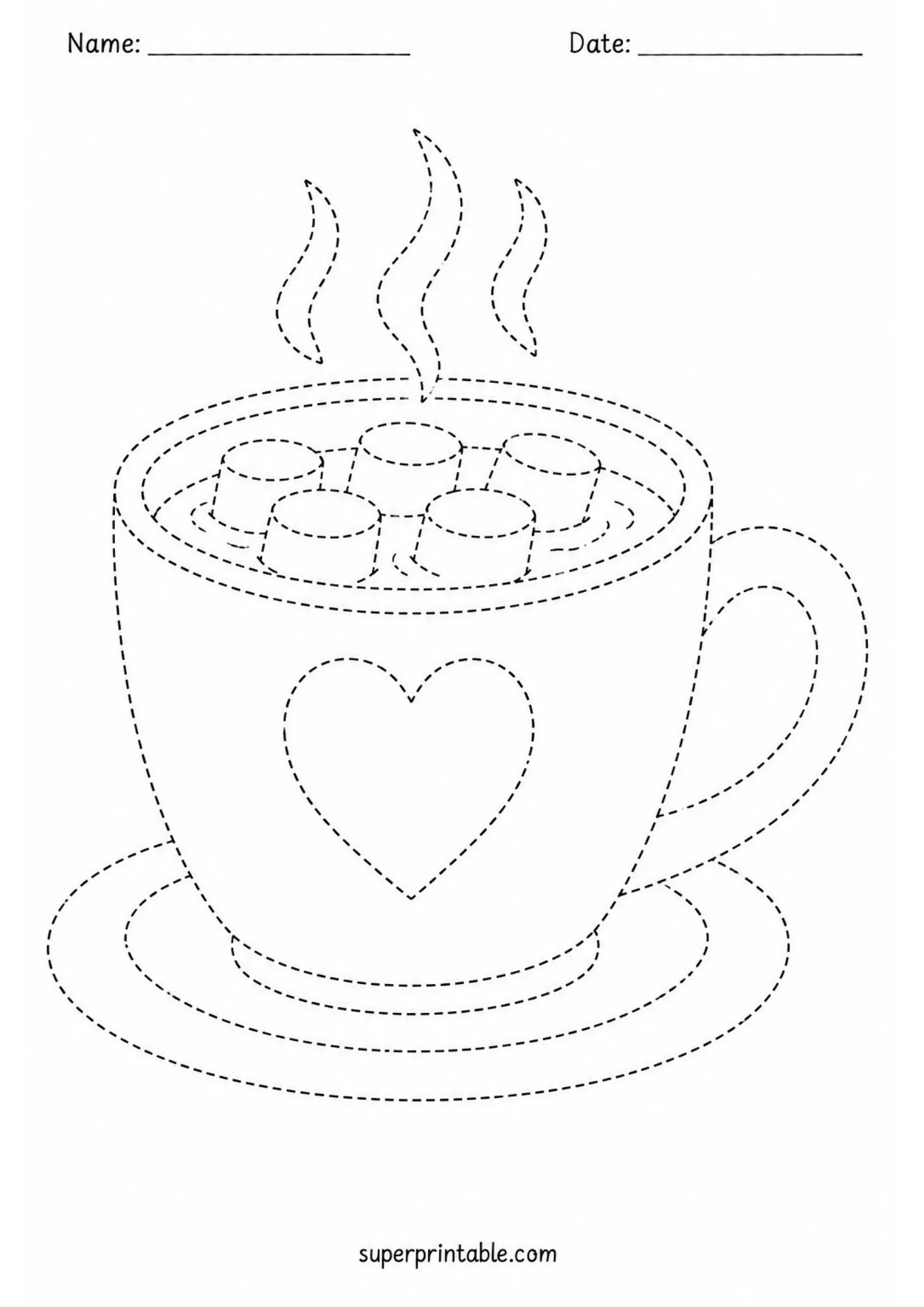 Steaming hot cocoa mug with marshmallows and heart emblem featured in winter activity worksheets.