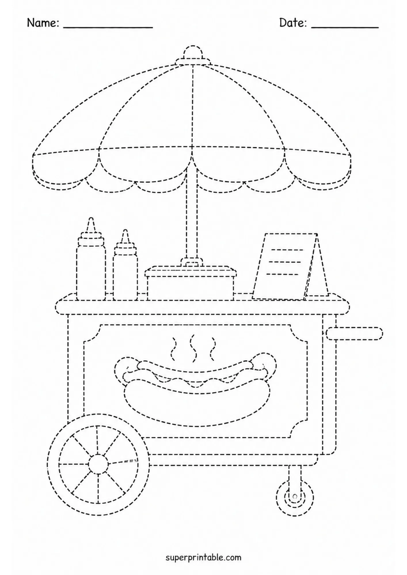 Food cart tracing activity page featuring a hot dog stand with umbrella and condiment bottles.