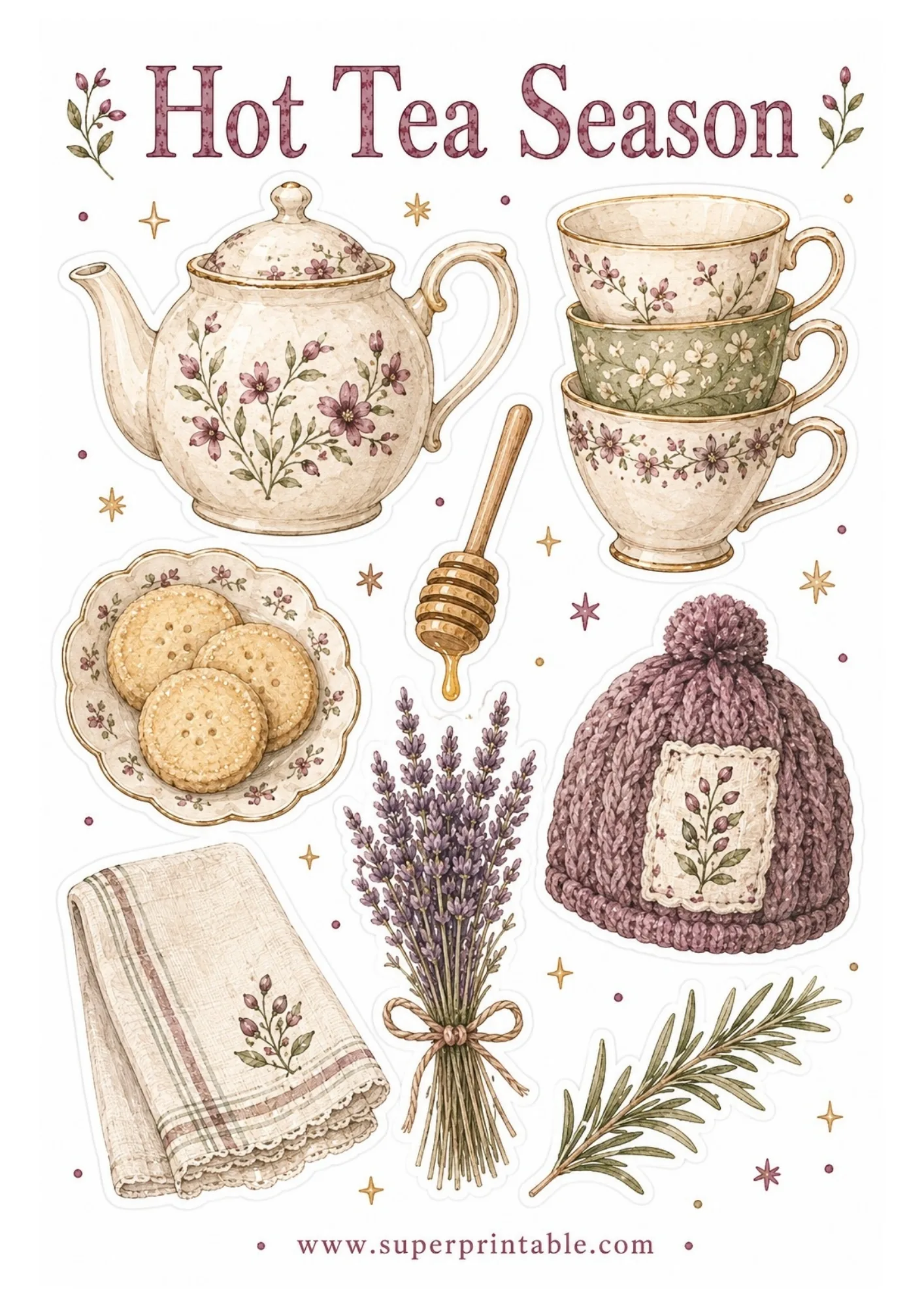 Printable teatime sticker sheet featuring watercolor teapot, stack of teacups, cookies plate, honey dipper, lavender bouquet, and knit beanie.