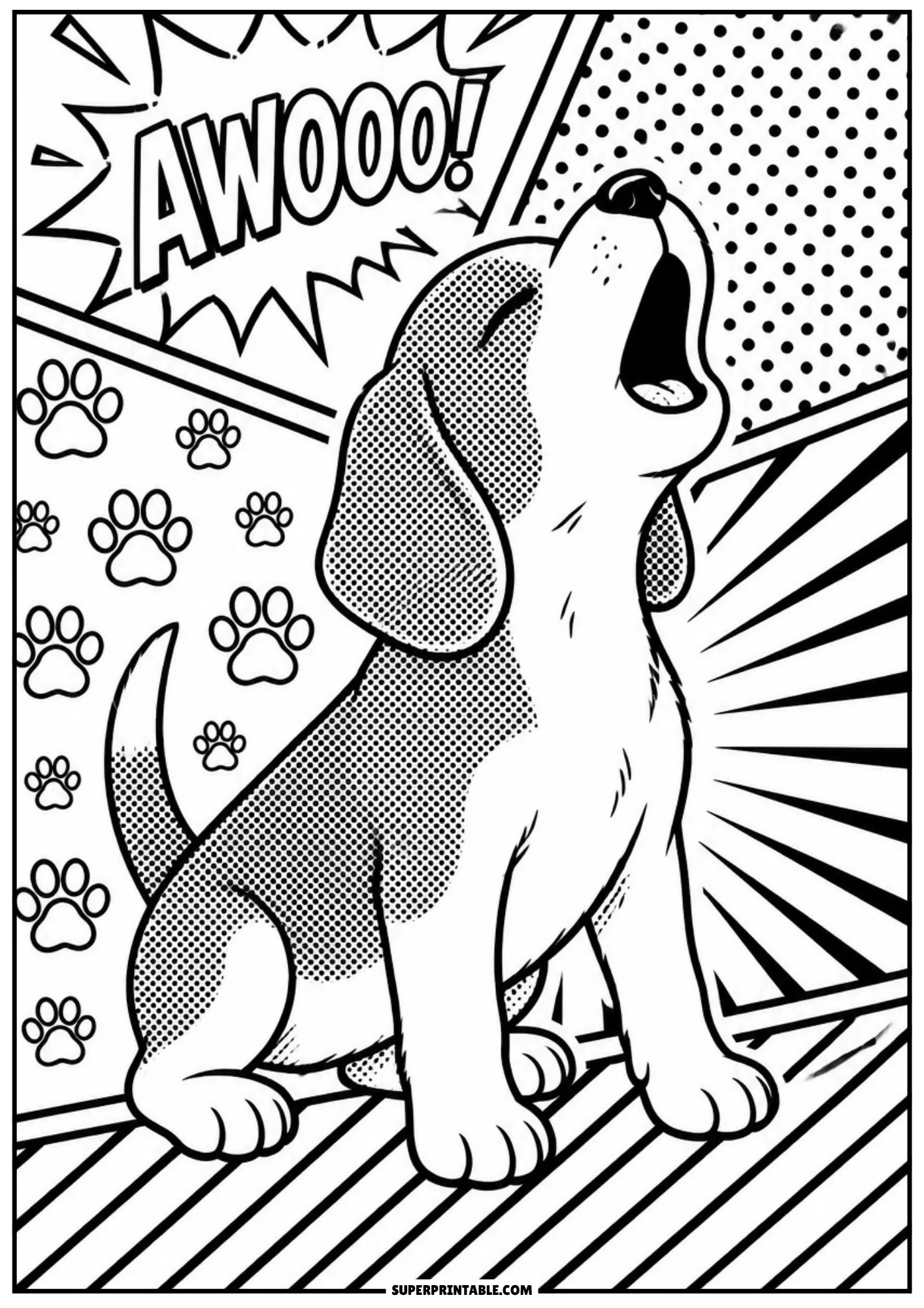 Pop art pet animals coloring pages showing a beagle puppy howling upward with an AWOOO speech bubble.