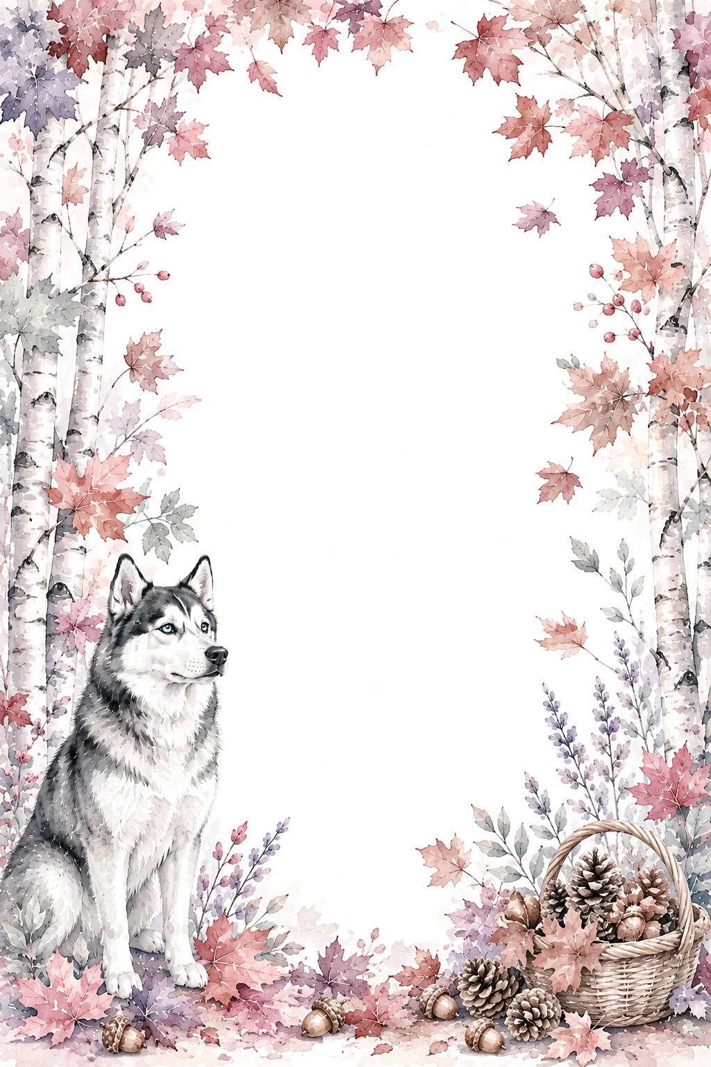 Watercolor border page featuring a Husky in a autumn setting, with a blank center and no text or watermark.