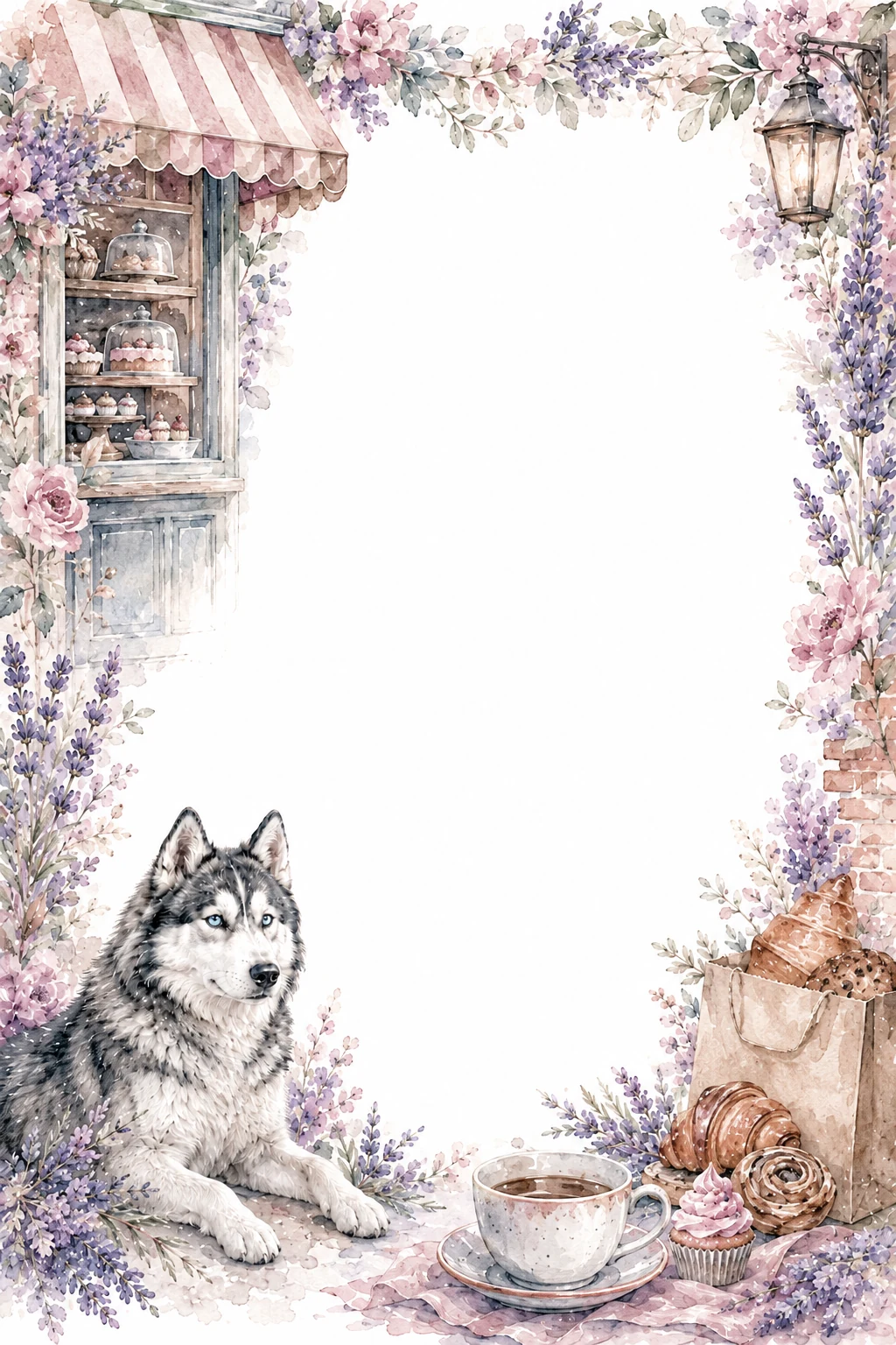 Watercolor border page featuring a Husky in a bakery setting, with a blank center and no text or watermark.