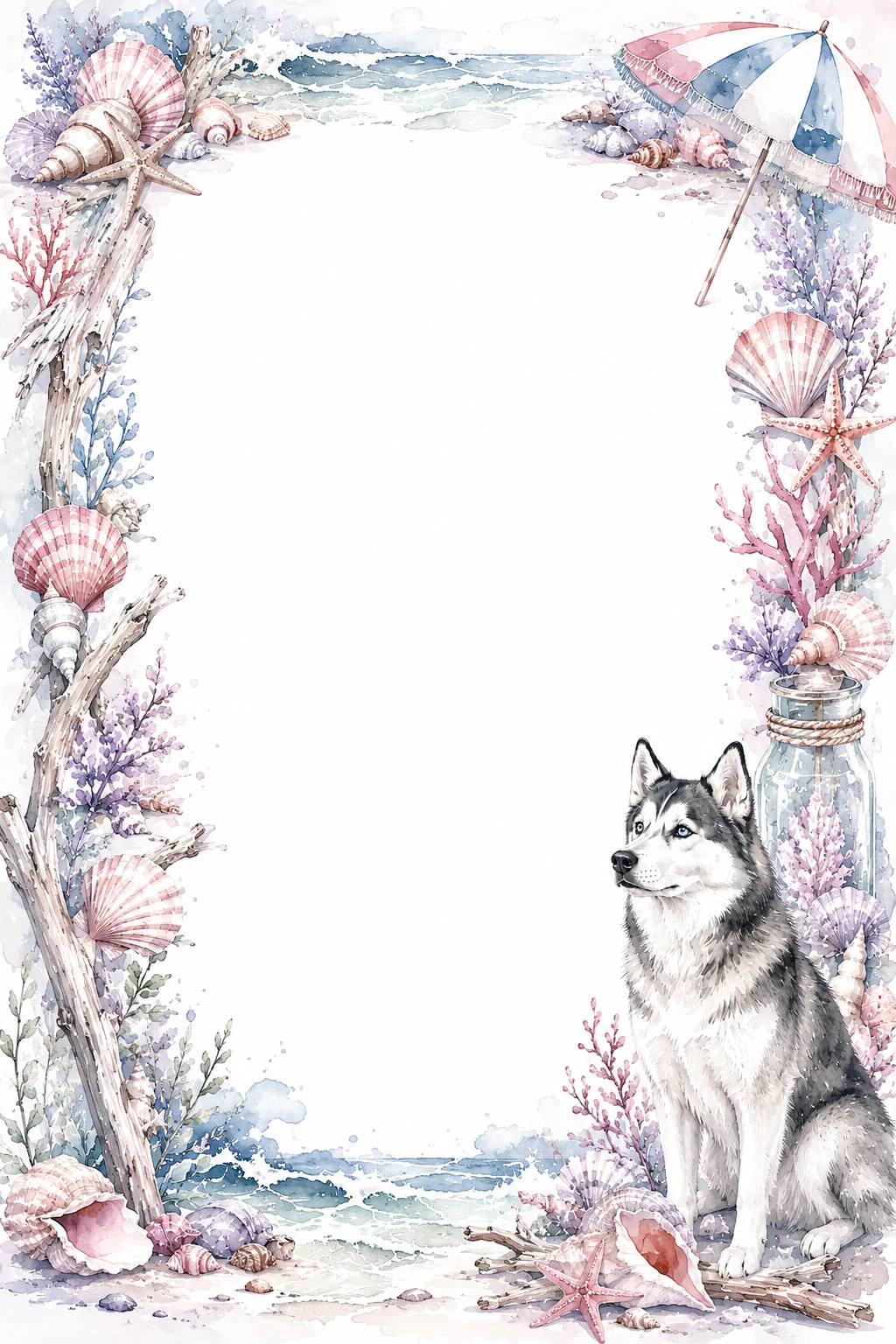 Watercolor border page featuring a Husky in a beach setting, with a blank center and no text or watermark.