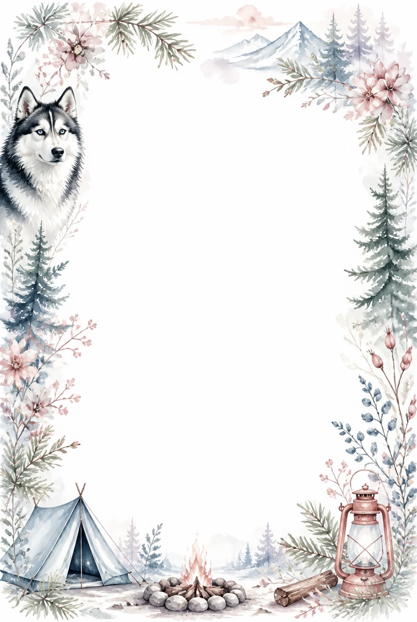 Watercolor border page featuring a Husky in a camping setting, with a blank center and no text or watermark.