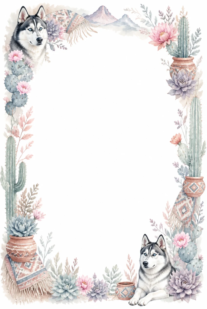 Watercolor border page featuring a Husky in a desert setting, with a blank center and no text or watermark.