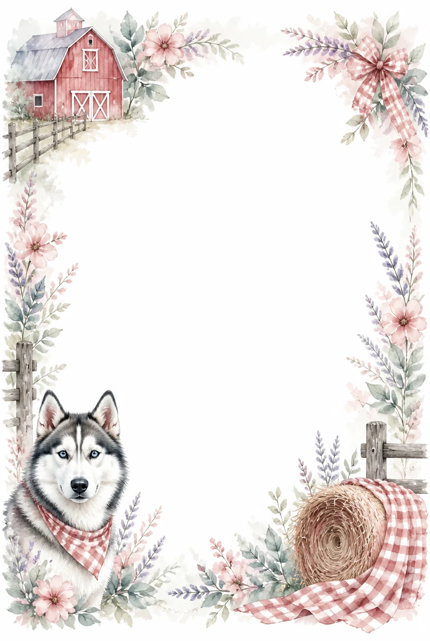 Watercolor border page featuring a Husky in a farmhouse setting, with a blank center and no text or watermark.