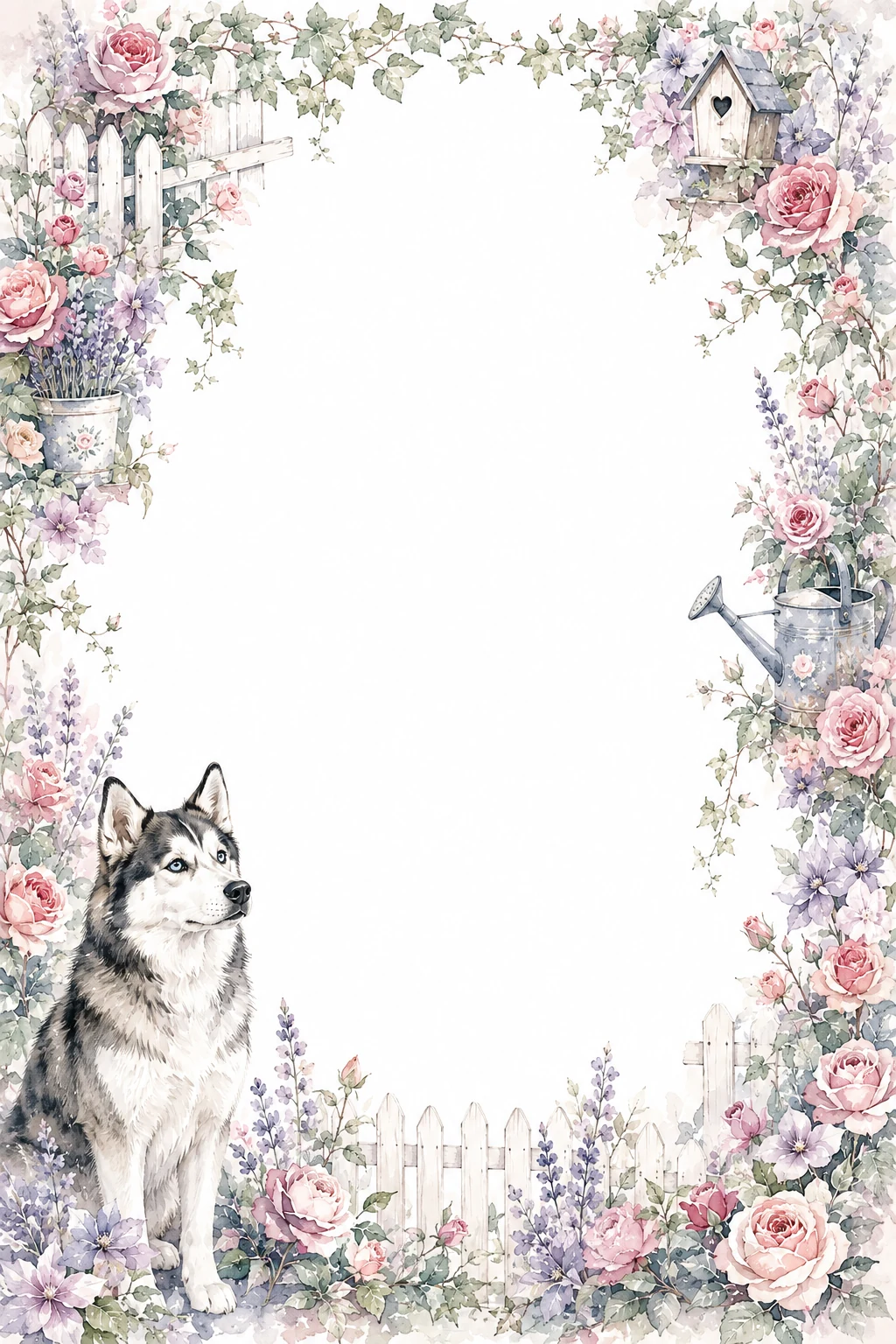 Watercolor border page featuring a Husky in a garden setting, with a blank center and no text or watermark.
