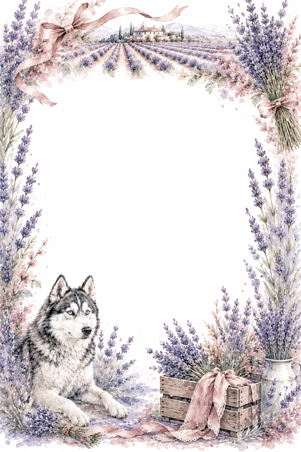 Watercolor border page featuring a Husky in a lavender field setting, with a blank center and no text or watermark.