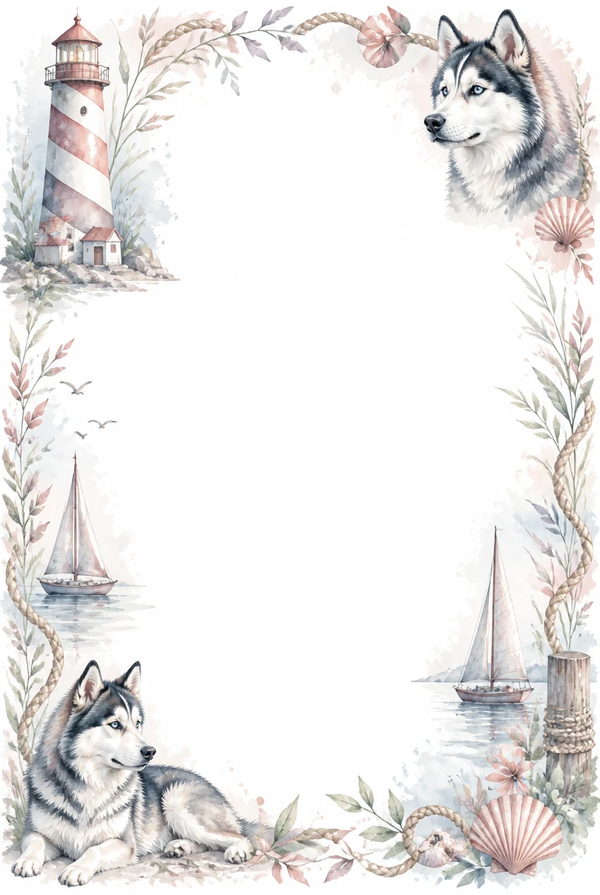 Watercolor border page featuring a Husky in a lighthouse setting, with a blank center and no text or watermark.