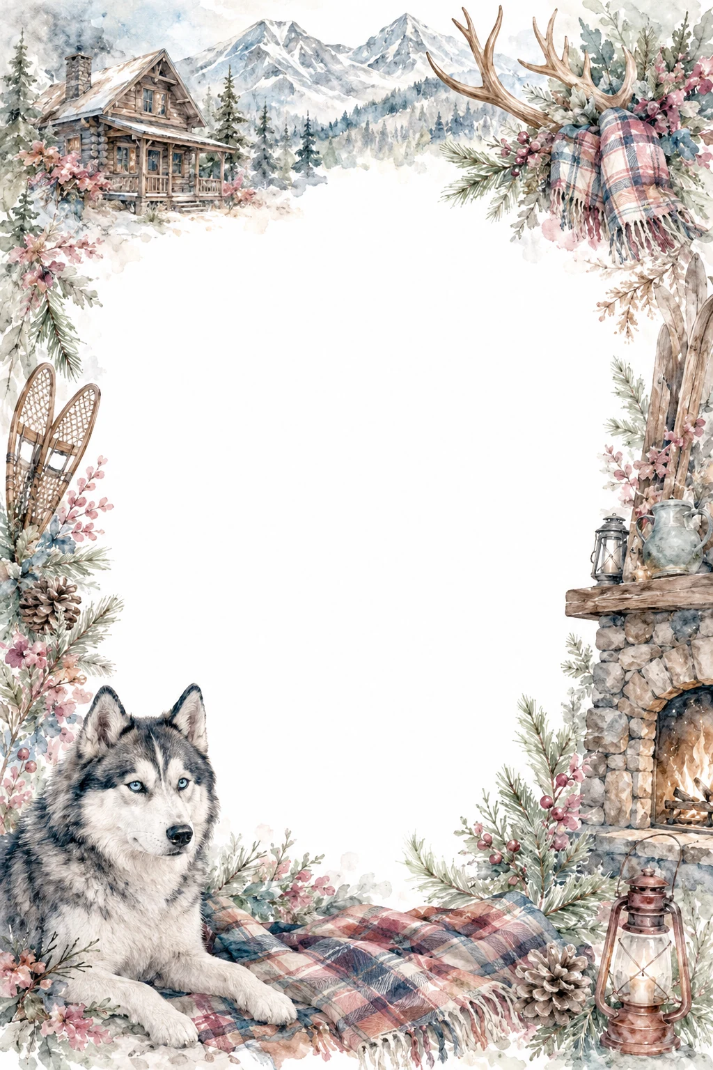 Watercolor border page featuring a Husky in a mountain lodge setting, with a blank center and no text or watermark.