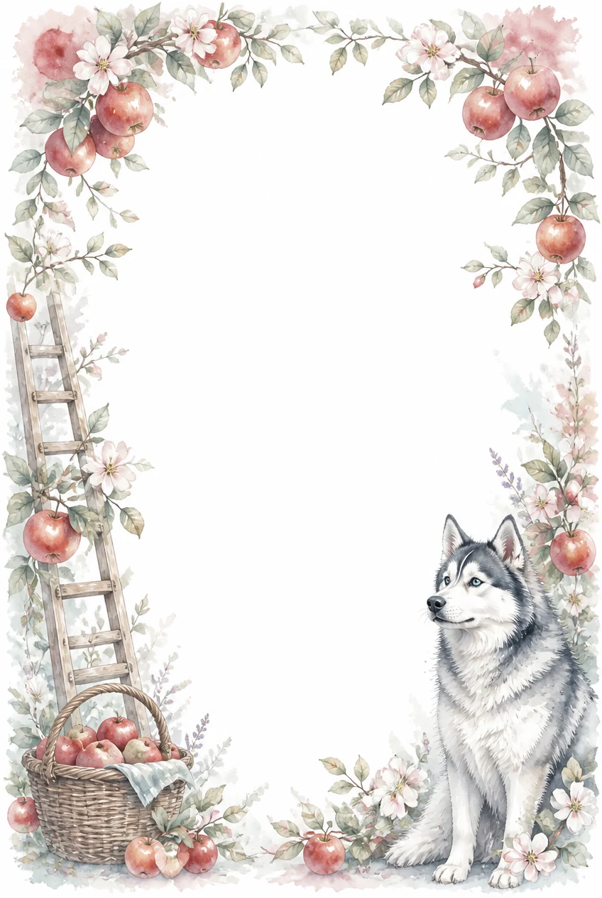 Watercolor border page featuring a Husky in a orchard setting, with a blank center and no text or watermark.