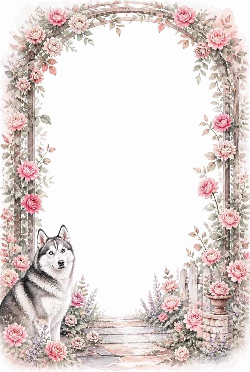 Watercolor border page featuring a Husky in a rose trellis setting, with a blank center and no text or watermark.