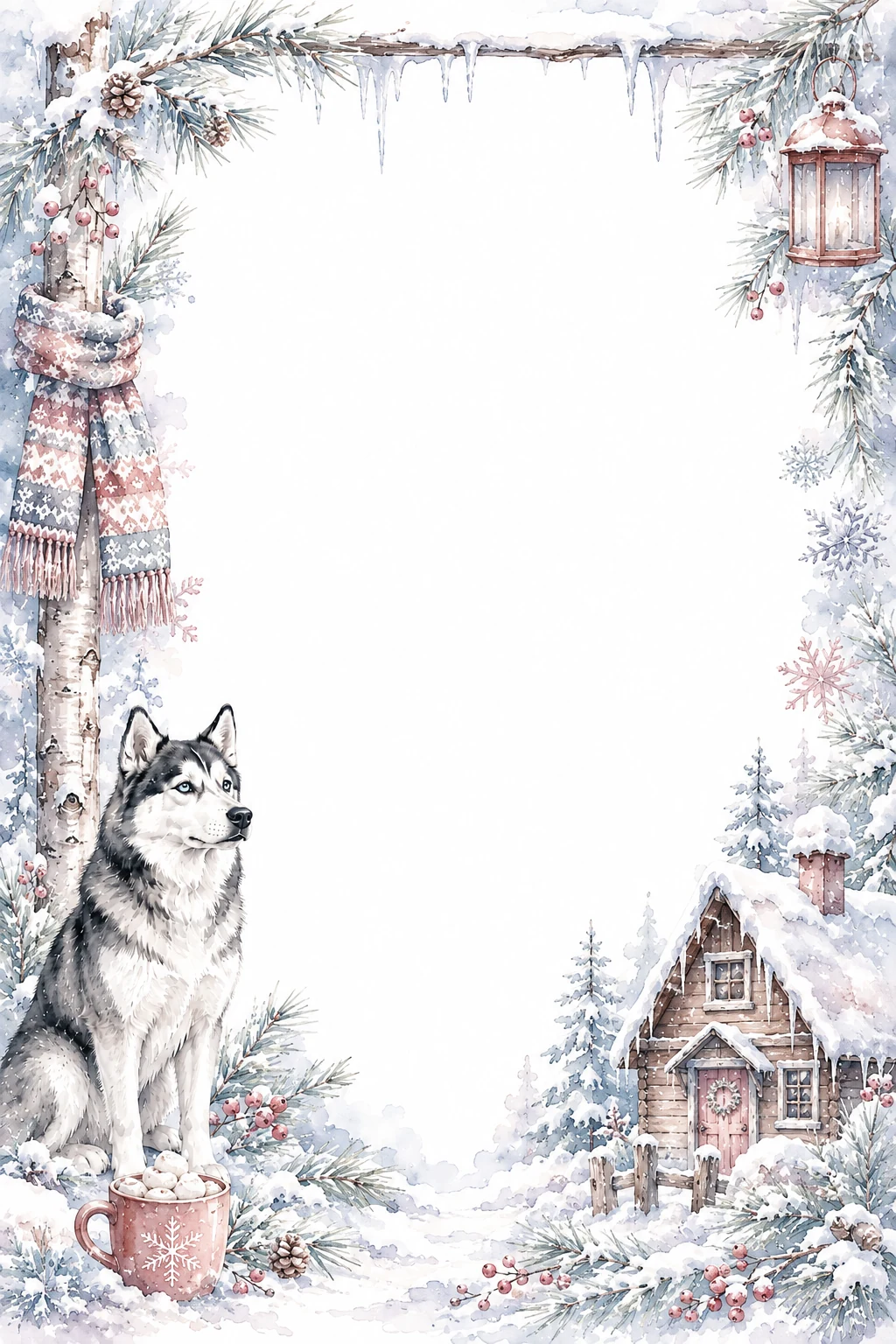 Watercolor border page featuring a Husky in a snow cabin setting, with a blank center and no text or watermark.
