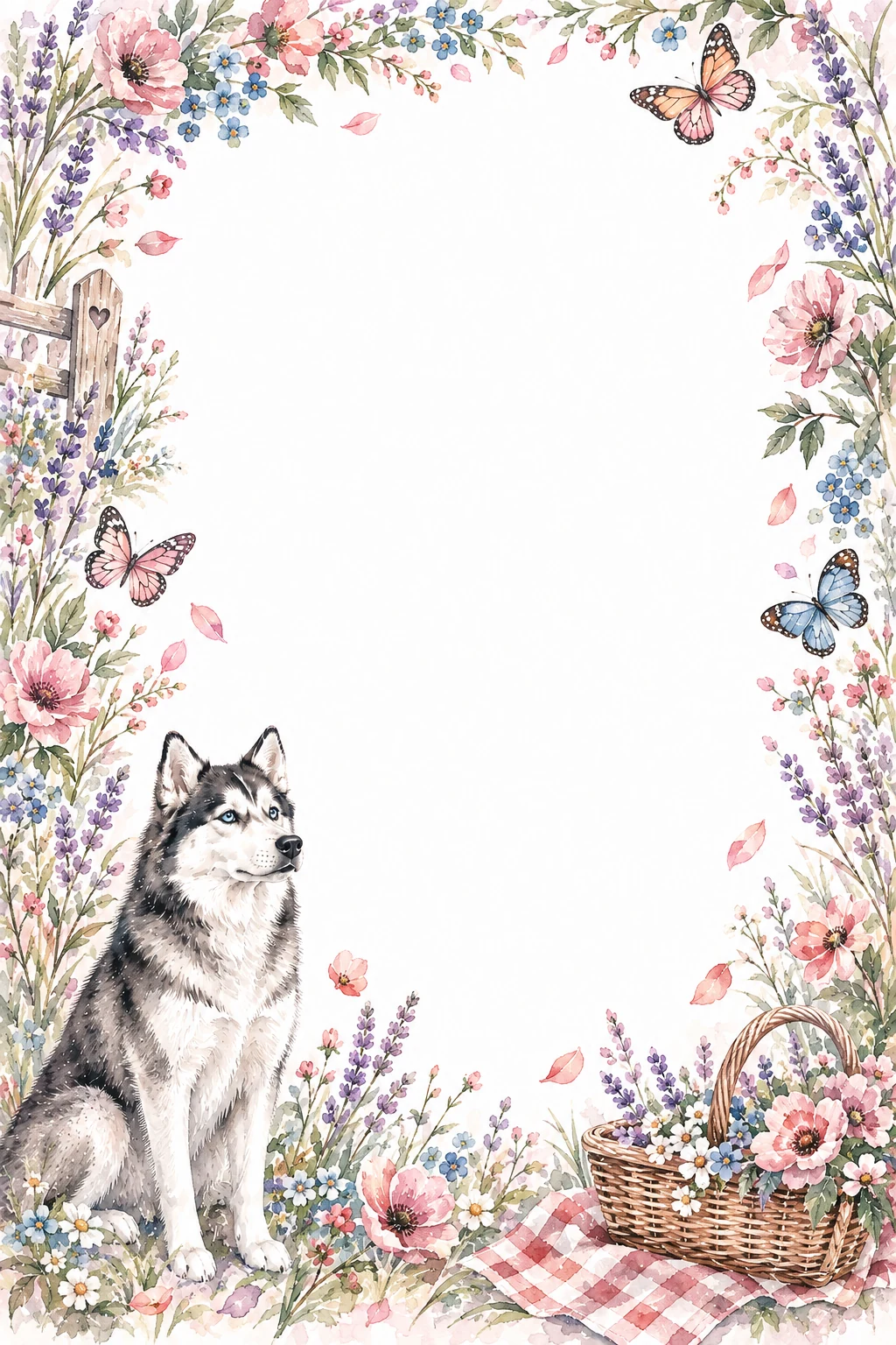 Watercolor border page featuring a Husky in a spring meadow setting, with a blank center and no text or watermark.