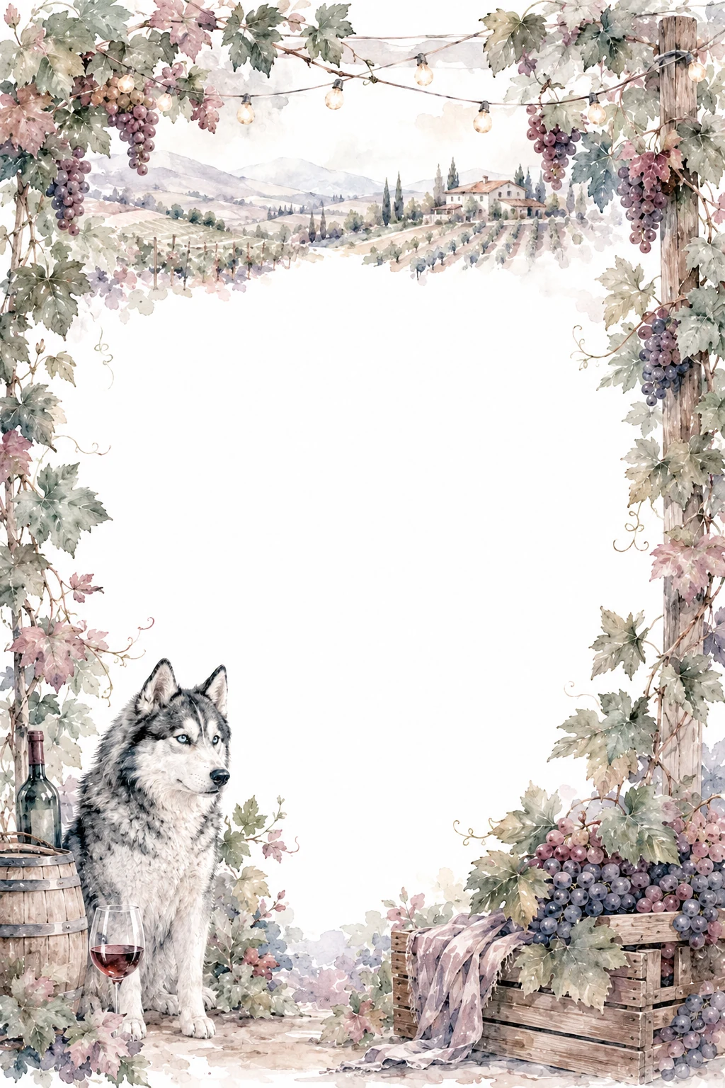 Watercolor border page featuring a Husky in a vineyard setting, with a blank center and no text or watermark.