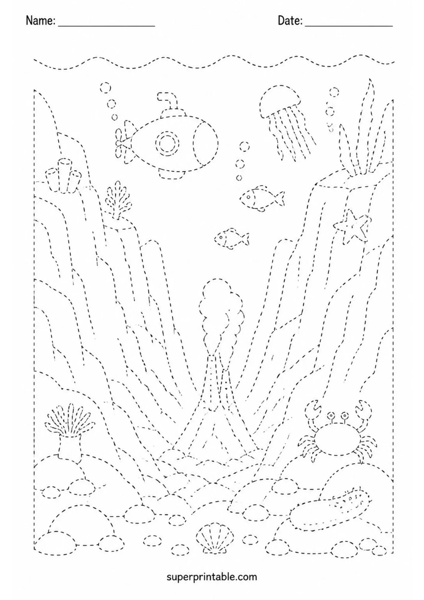 Deep ocean trench seabed scene with hydrothermal vents, submarine, and crab tracing outlines for kids.