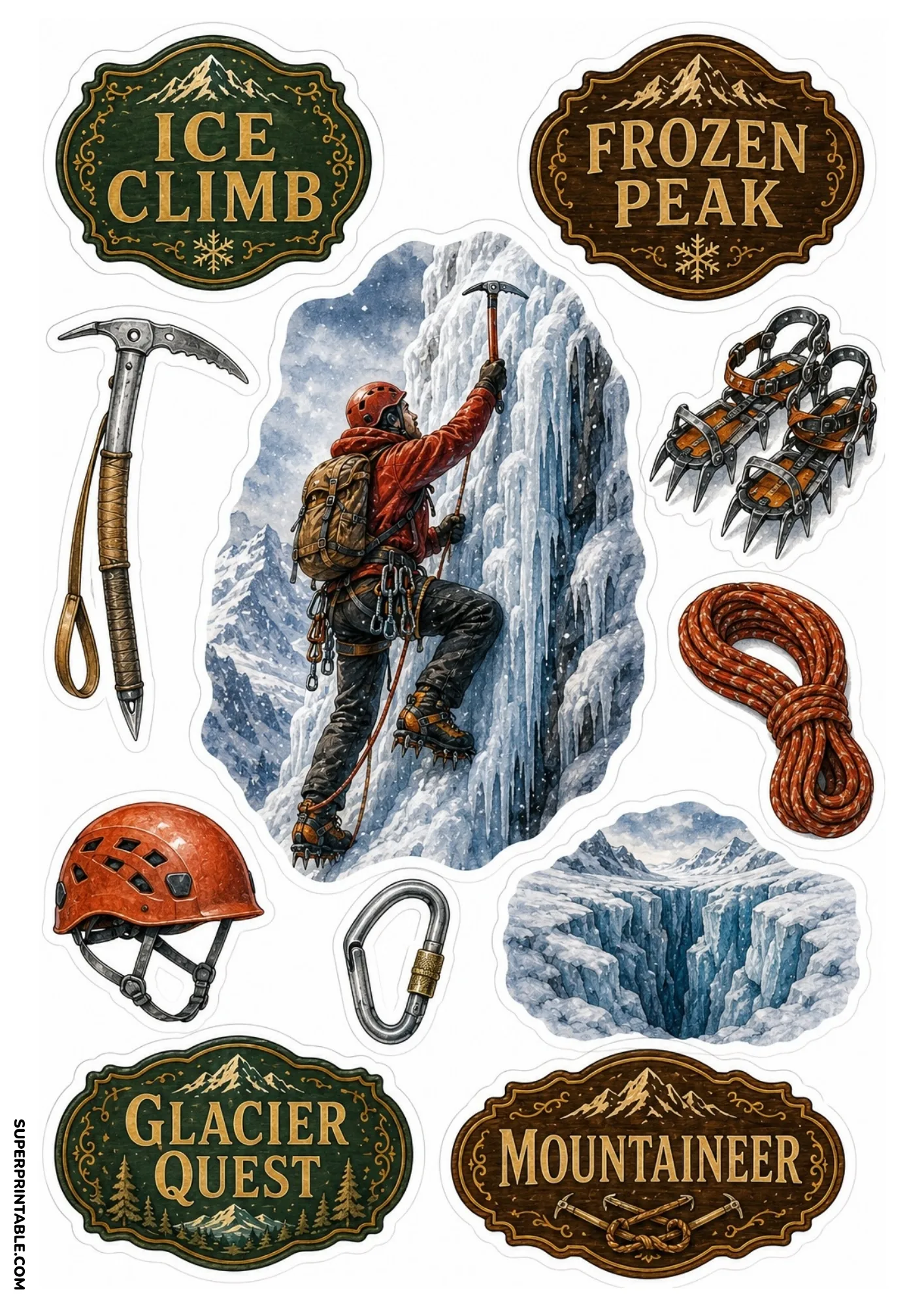 Ice climbing sticker sheet featuring a climber scaling an ice wall, crampons, ice axe, safety helmet, climbing rope, and glacier badges.