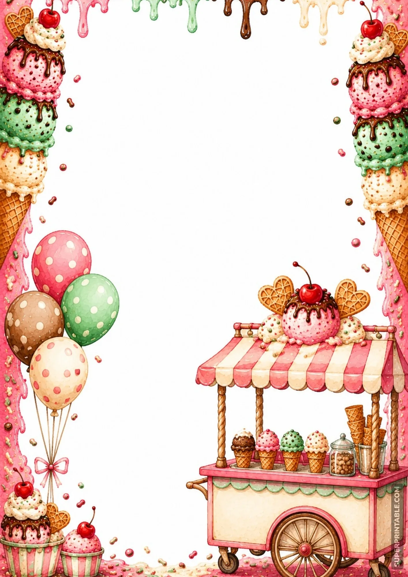 Retro ice cream push cart and polka dot balloons accenting a sweet border page.