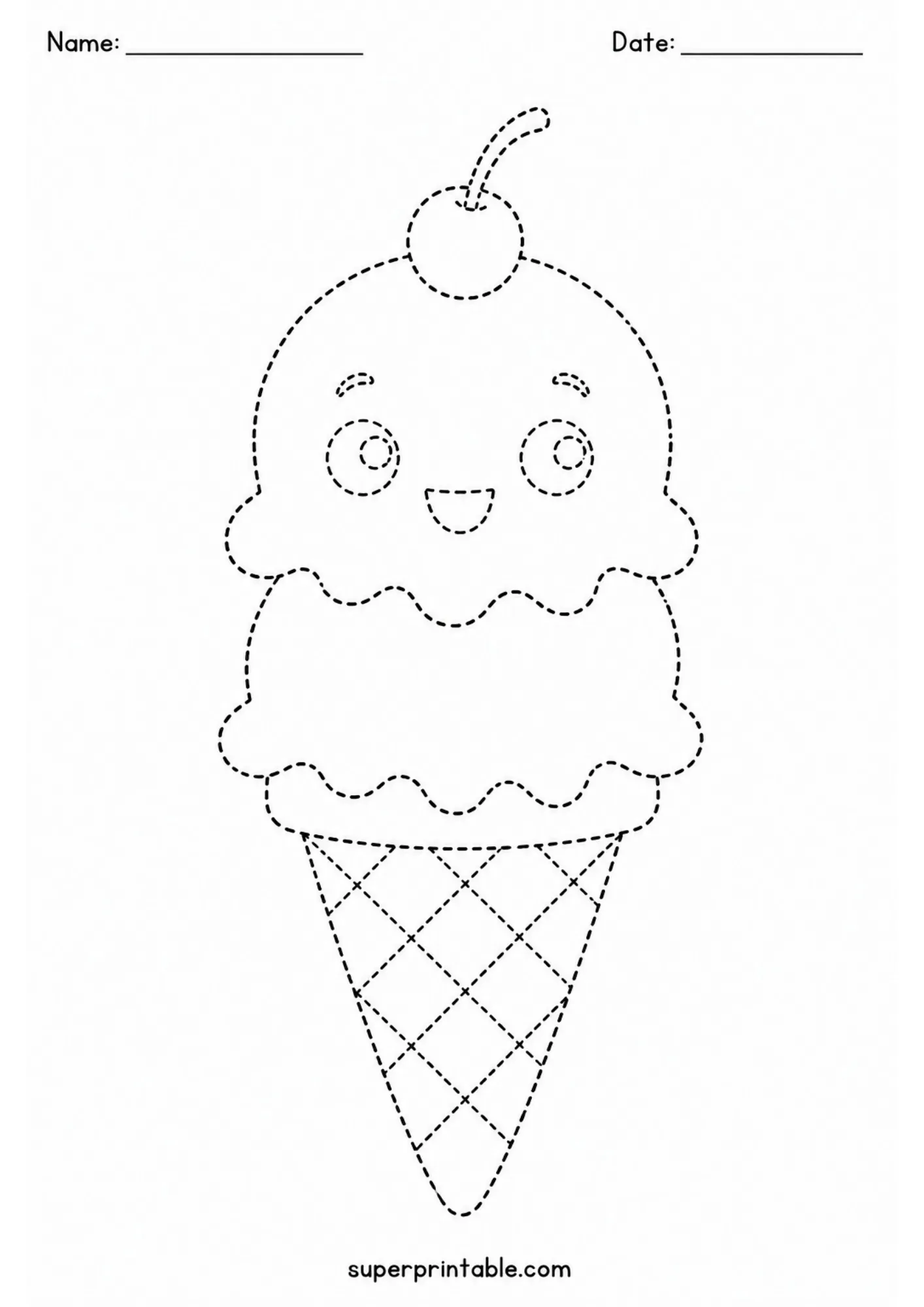 Child tracing a cute double scoop ice cream cone with cherry on top fine motor worksheet.