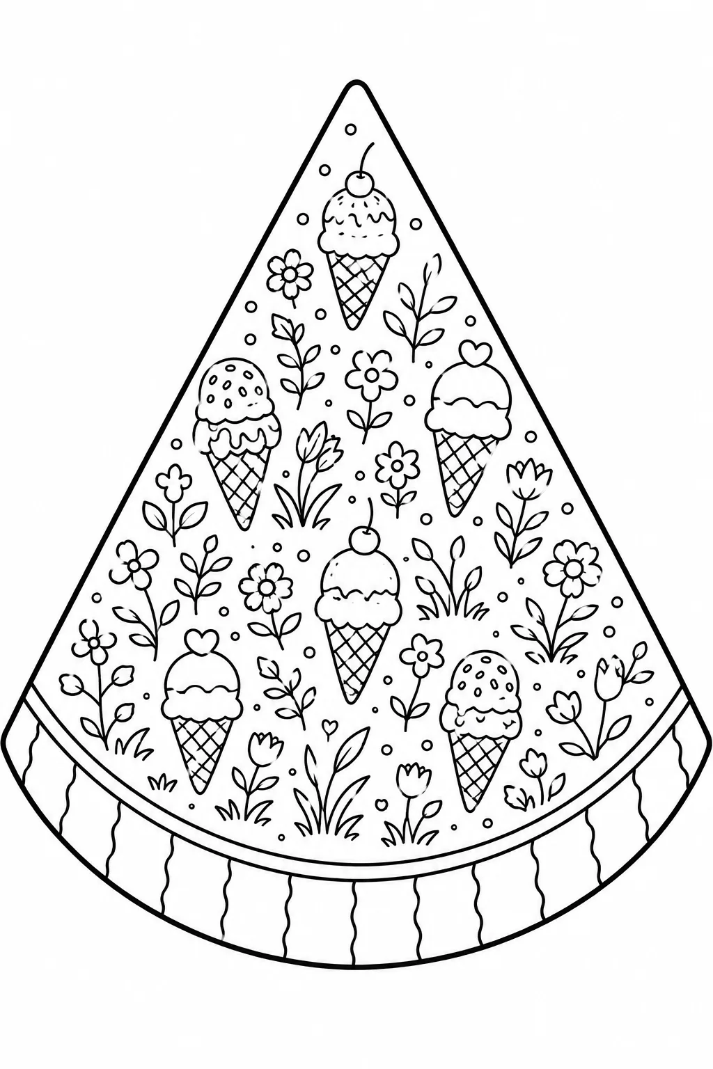 Assorted ice cream cones and flowers pattern on a watermelon slice coloring sheet.