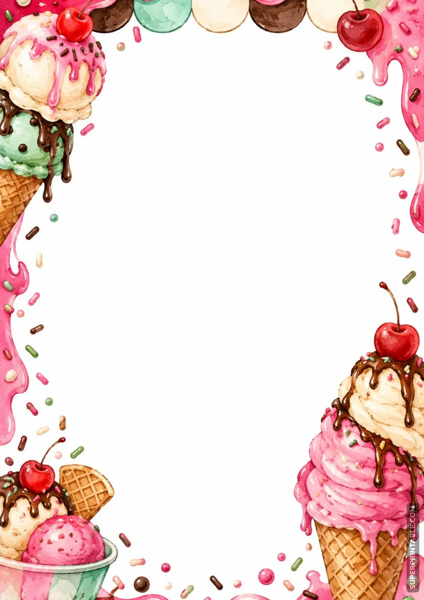 Decorative stationery frame with ice cream parlor borders featuring cones and sundaes.