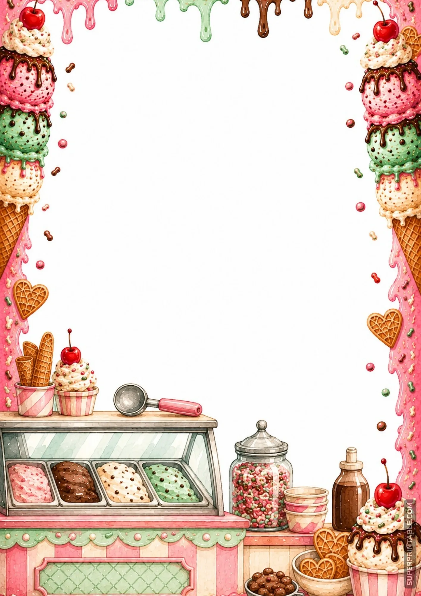 Ice cream parlor counter display with toppings and scoops along a page border.
