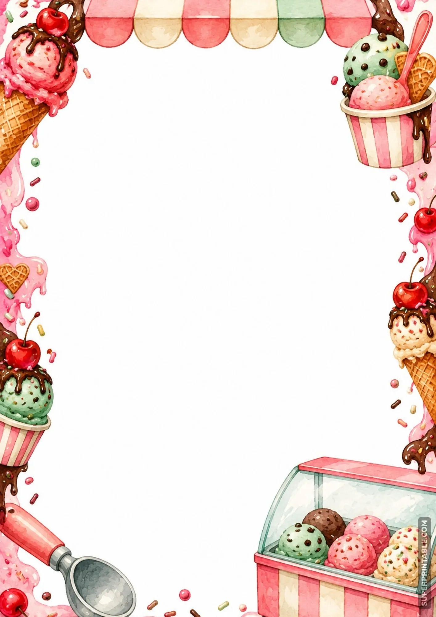 Vintage ice cream parlor awning and counter display framing a blank printable page.