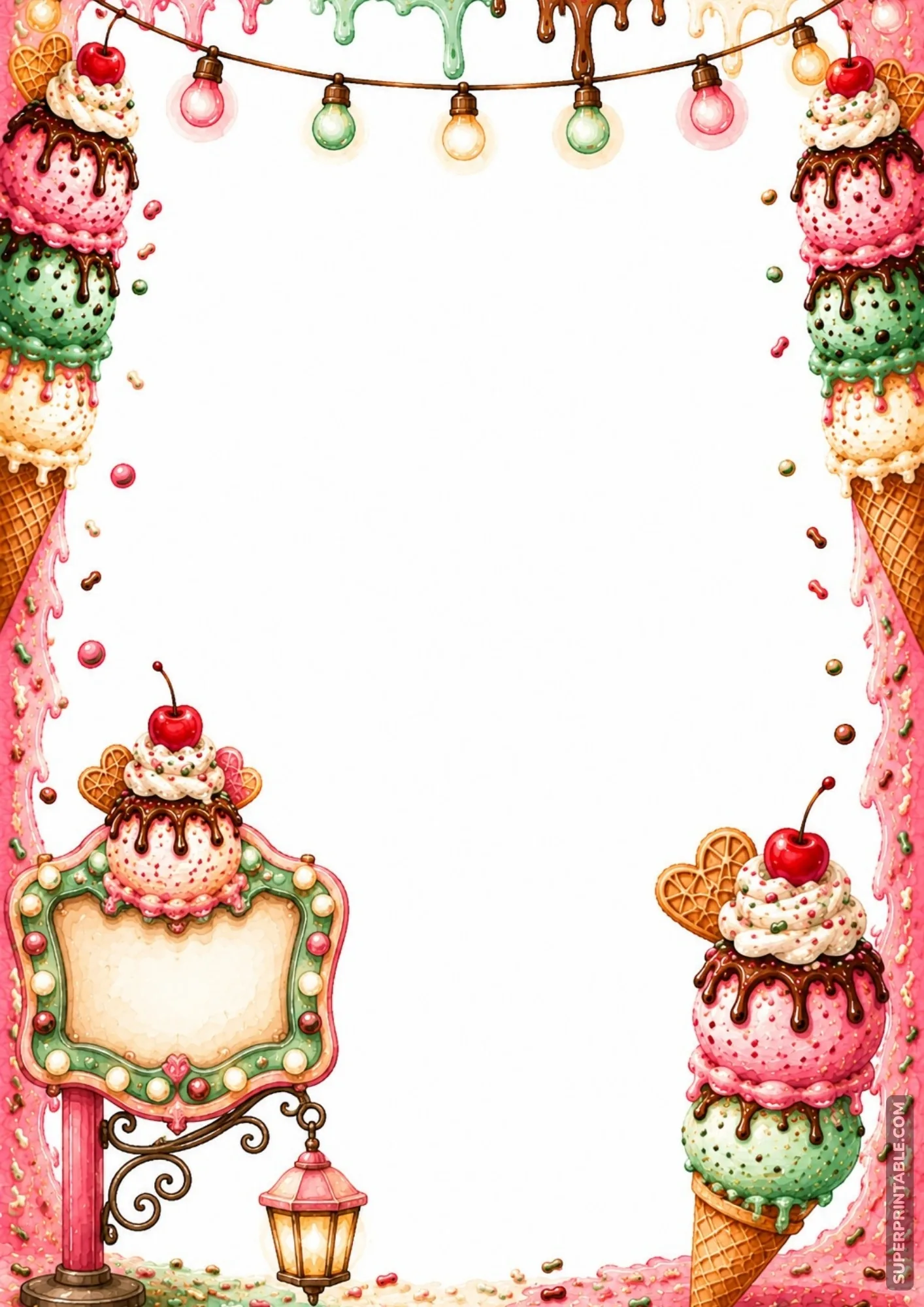 Glowing string lights and ornate ice cream shop street sign framing a border page.