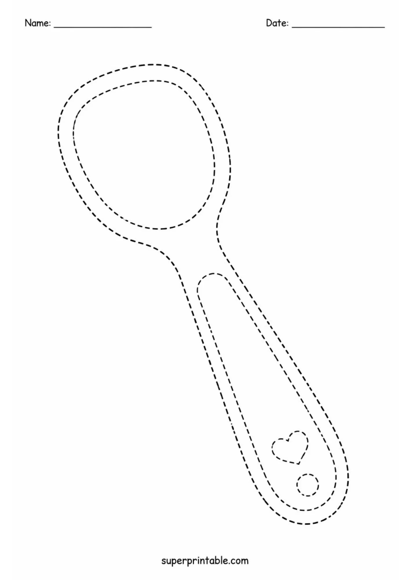 Line tracing worksheet featuring an ice cream spoon decorated with a small heart.