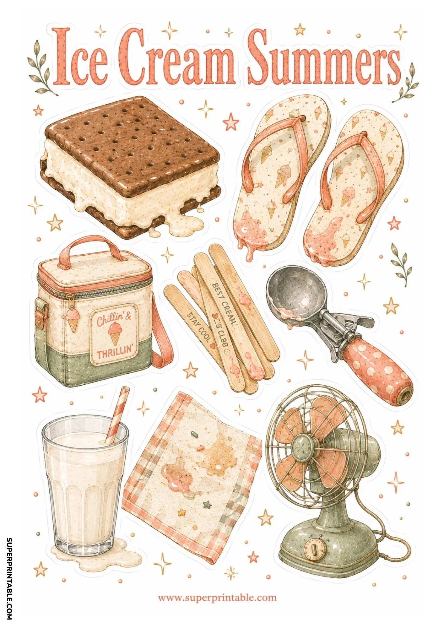 Ice cream sandwich with a retro metal desk fan, cooler bag, ice cream scoop, popsicle sticks, and milkshake.