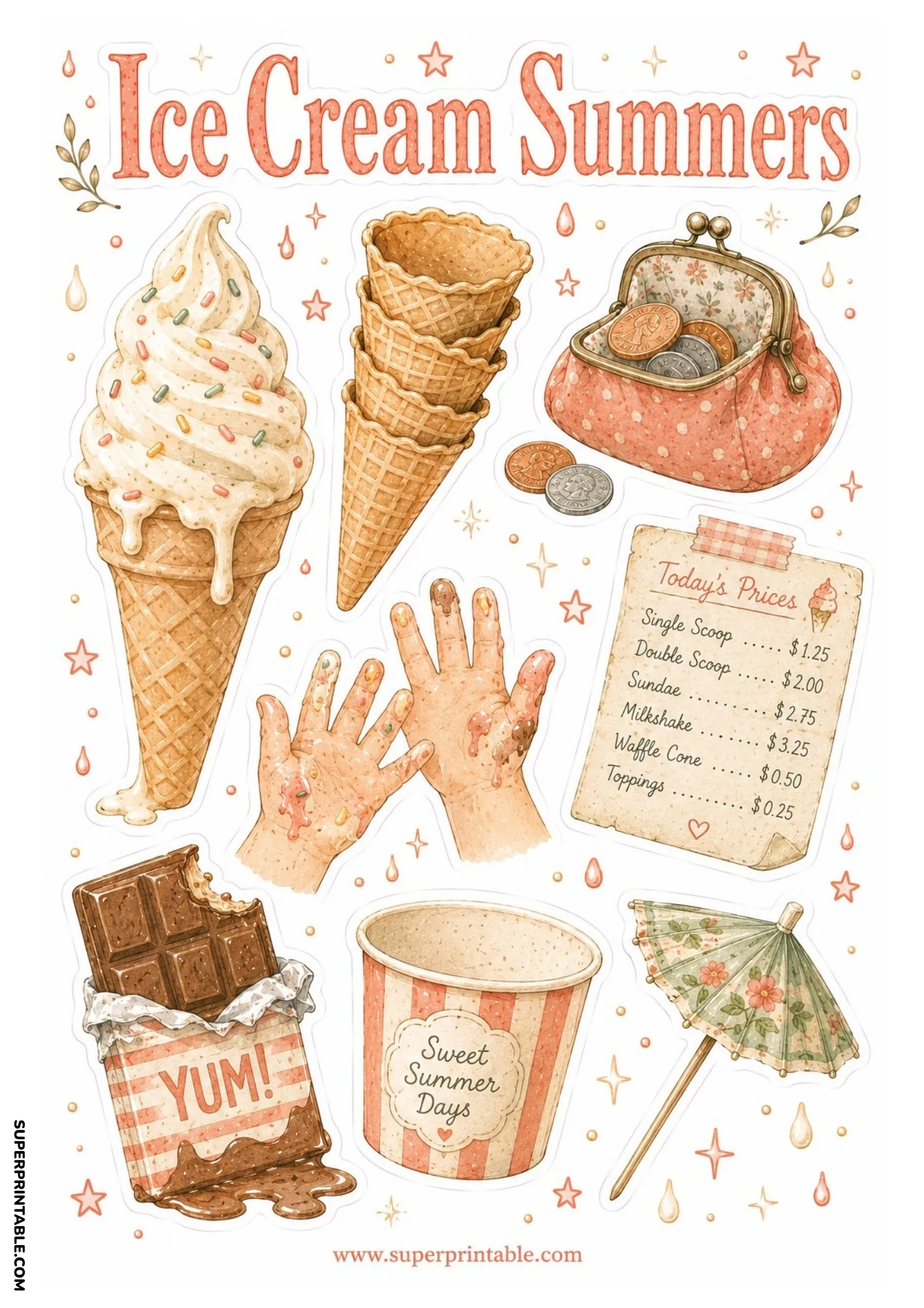 Soft serve ice cream cone with stack of waffle cones, vintage coin purse, price sign, and chocolate bar.