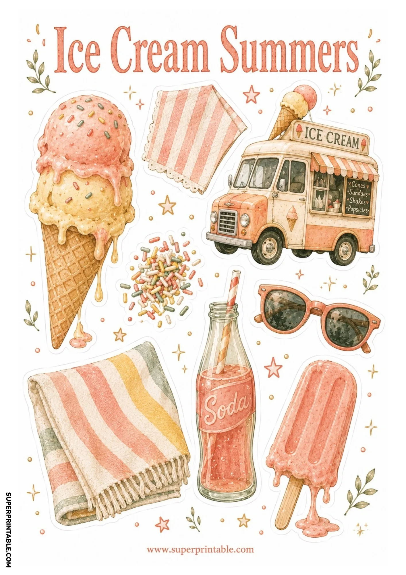 Vintage pink ice cream truck with a double scoop waffle cone, glass soda bottle, sunglasses, and popsicle.