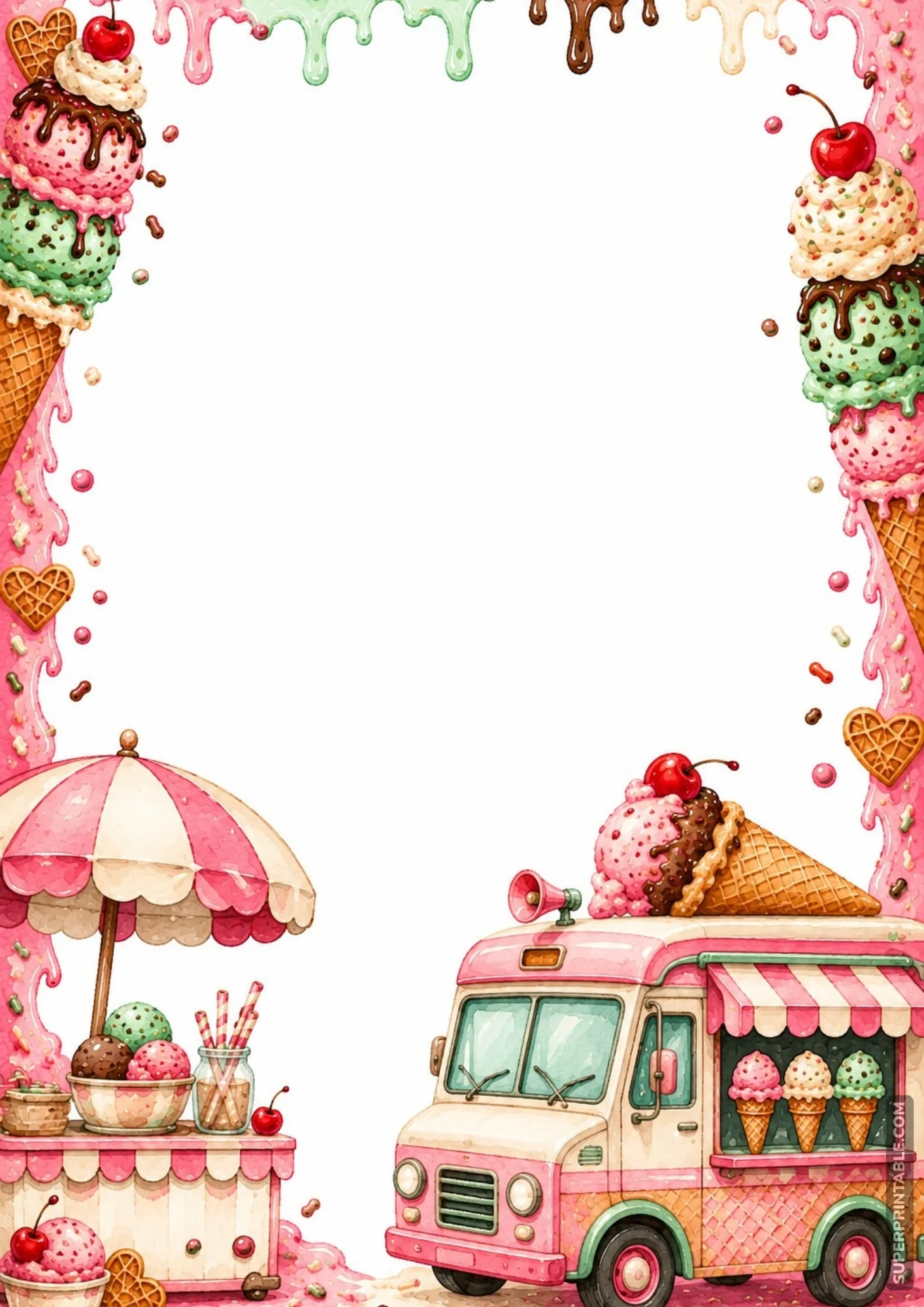 Pastel pink ice cream truck and umbrella stand framing a blank writing template.