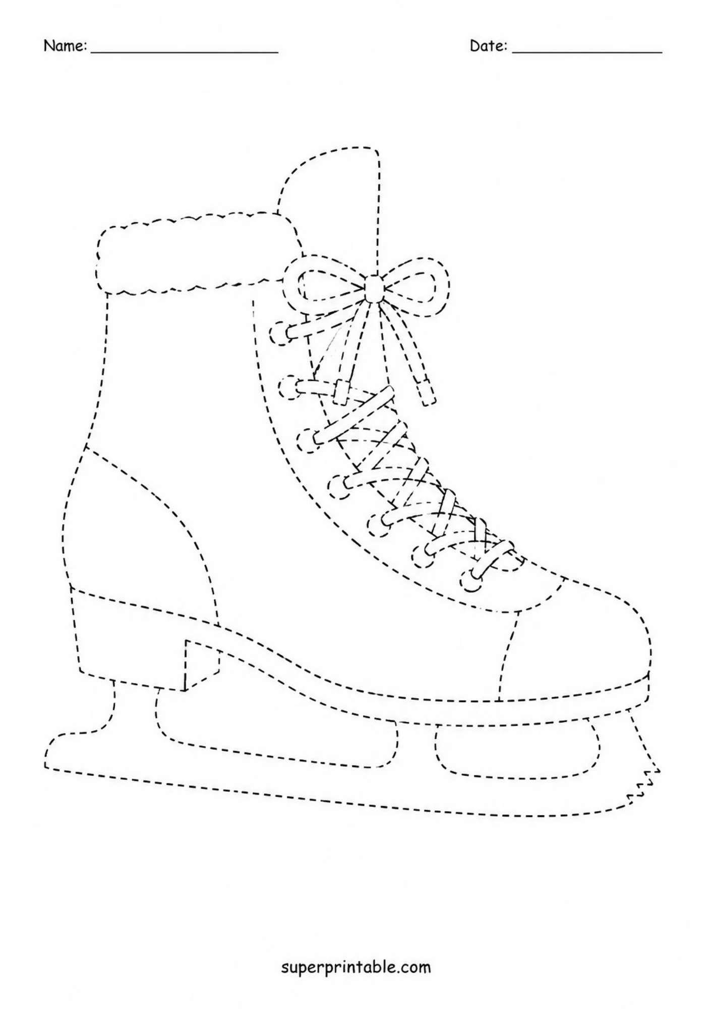 Ice skate boot tracing activity sheet with dashed lines for winter sports themes.
