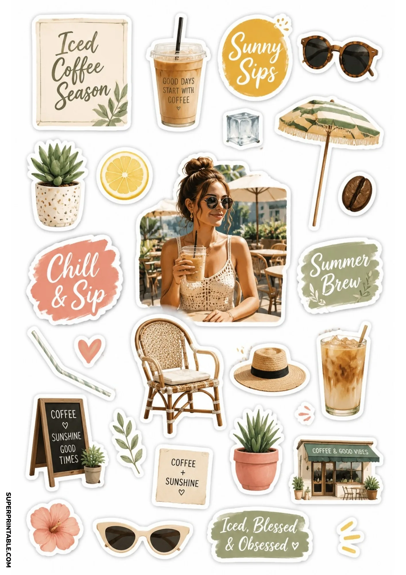 Summer iced coffee stickers showing a woman enjoying an iced latte at a sunny outdoor cafe patio.