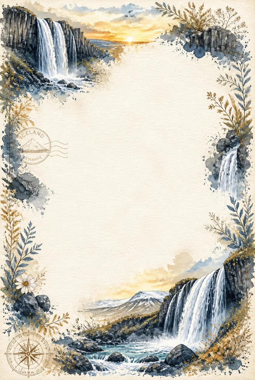 Watercolor page border of an Icelandic waterfall falling over dark basalt cliffs.