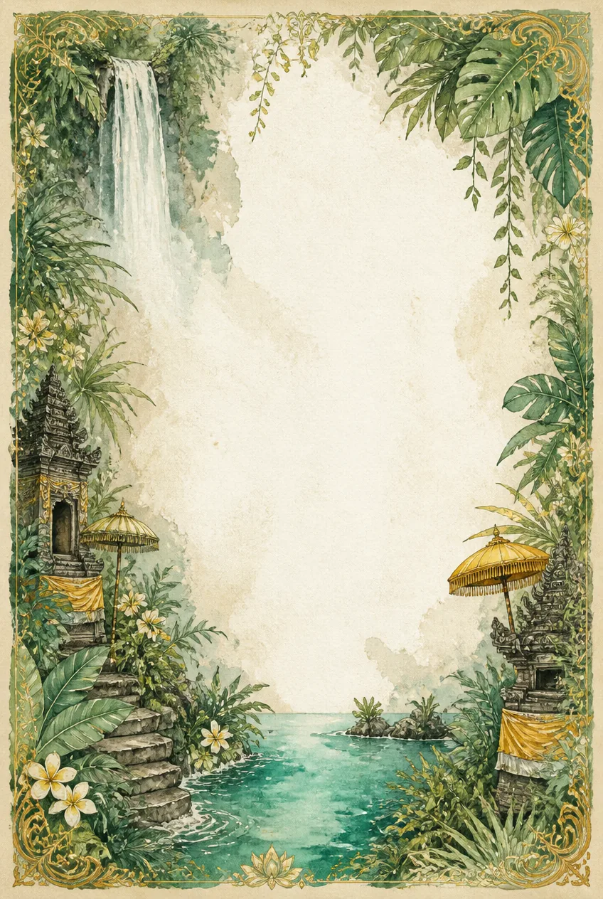 Golden sunset watercolor stationery border with Icelandic falls and mountain peaks.