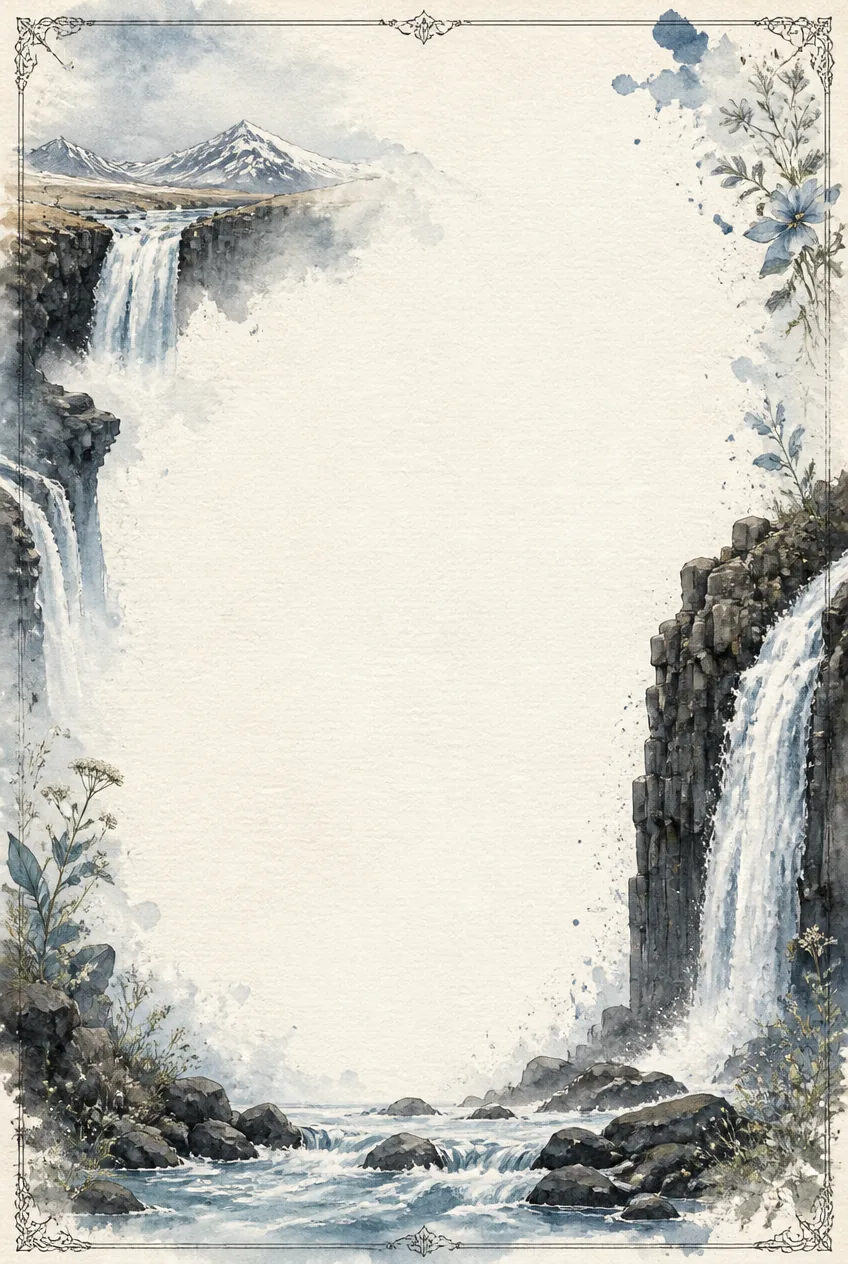 Icelandic waterfall watercolor border with vintage postage stamp and compass rose.