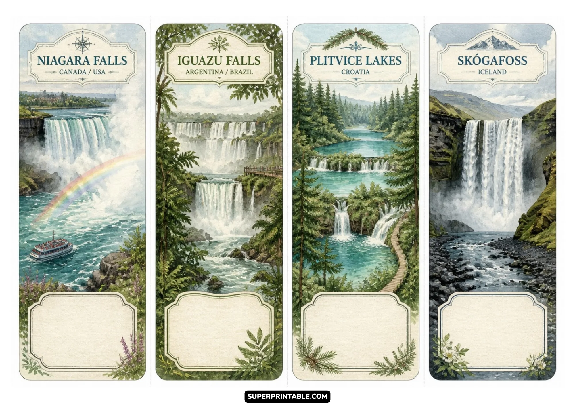 Watercolor bookmarks capturing famous natural waterfalls like Niagara, Iguazu, Plitvice Lakes, and Iceland's Skogafoss.